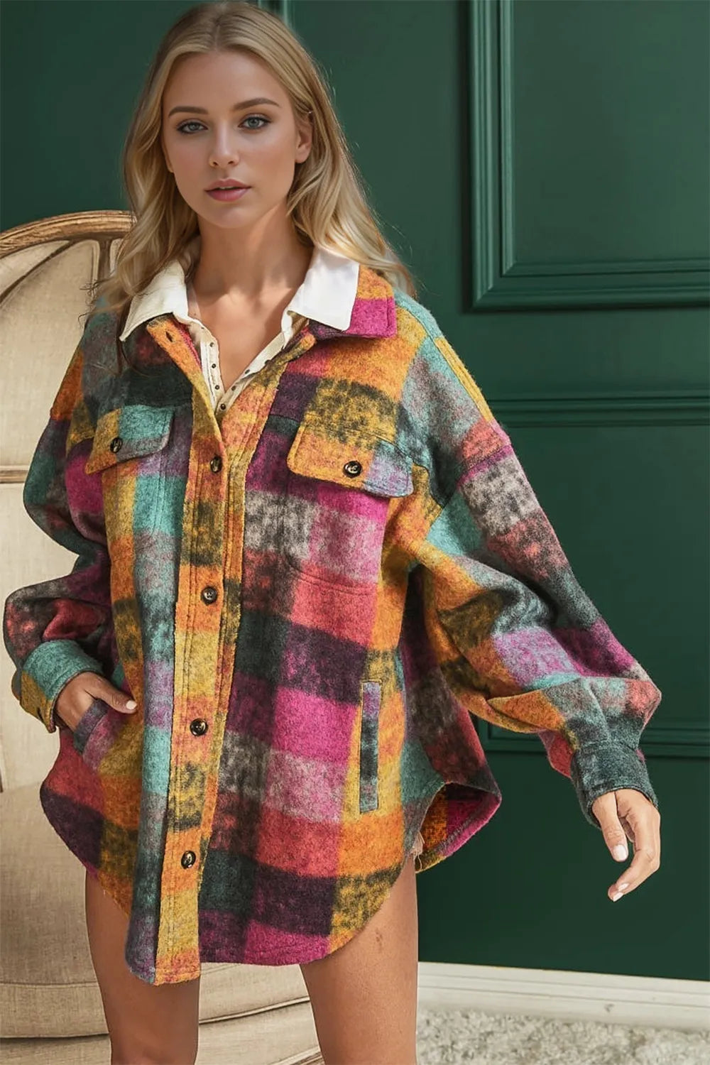 Double Take Full Size Button Up Plaid Fleece Shacket with Pockets Secondary image