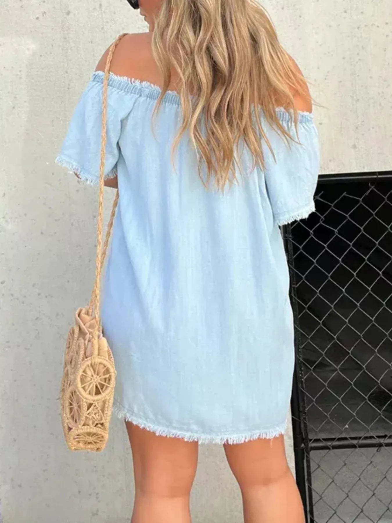 Full Size Off-Shoulder Button-Down Frayed Denim Dress Plus Size Secondary image
