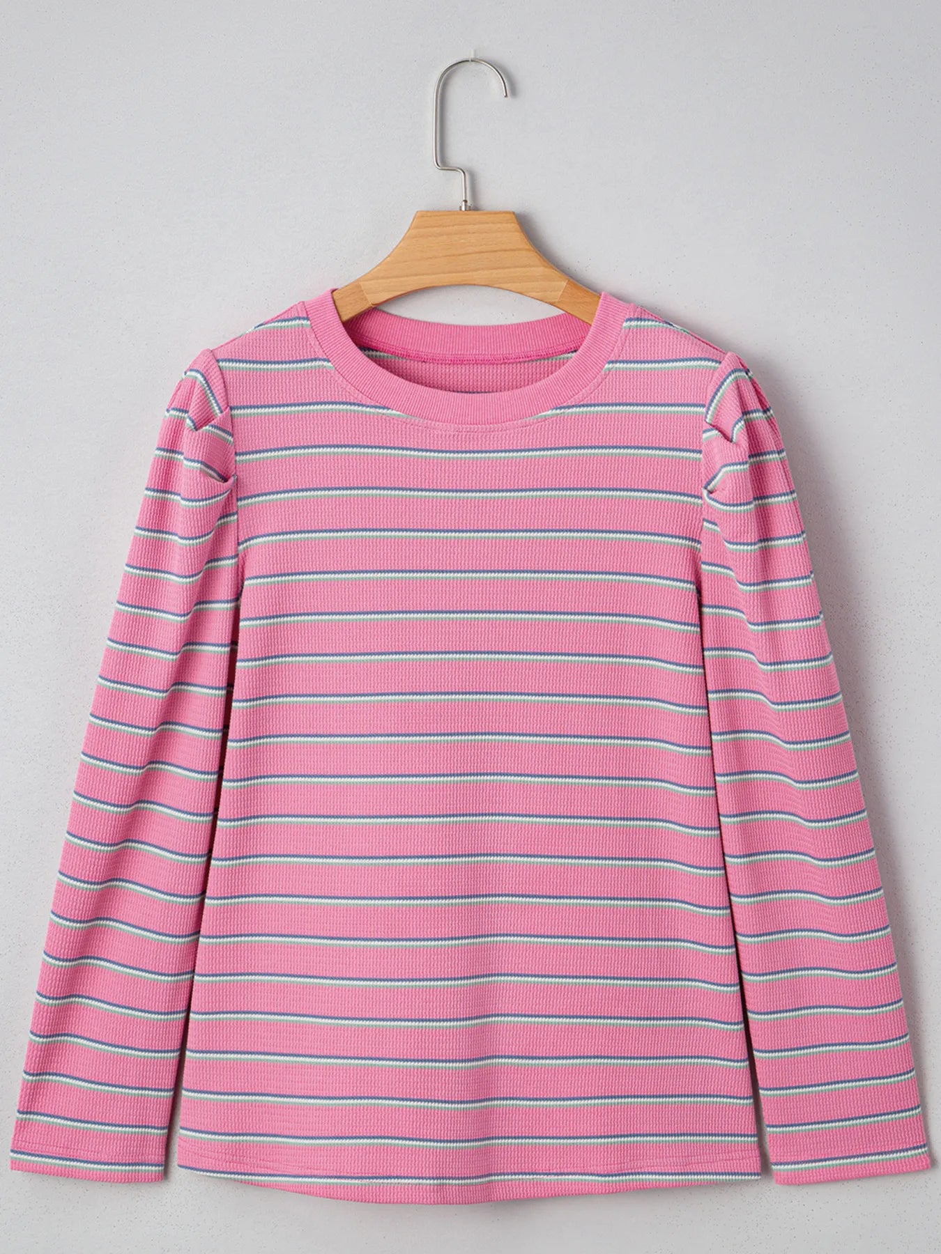 Stripe Textured Knit Round Neck Puff Sleeve Top Secondary image