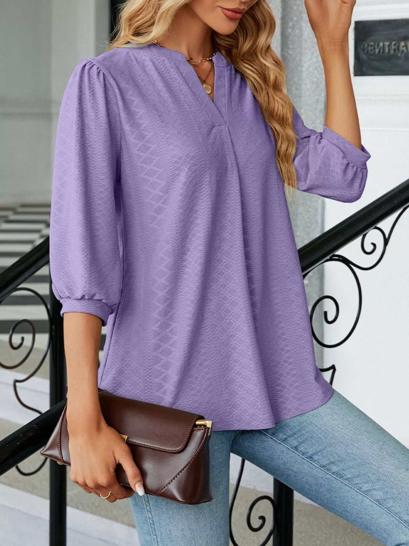 Notched 3/4 Sleeve Casual Top Secondary image