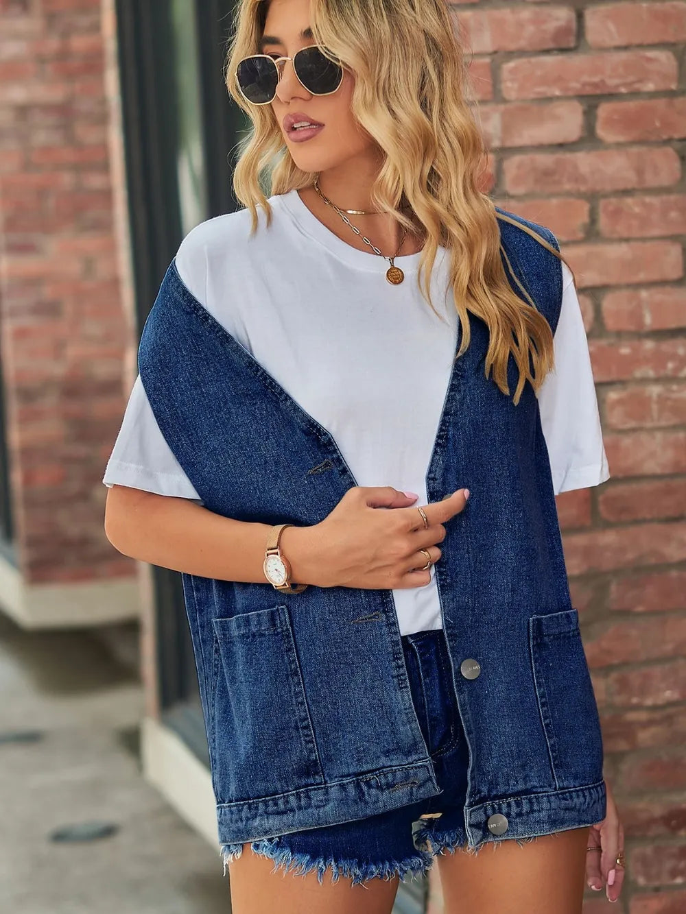 Full Size V-Neck Button Up Denim Vest Secondary image