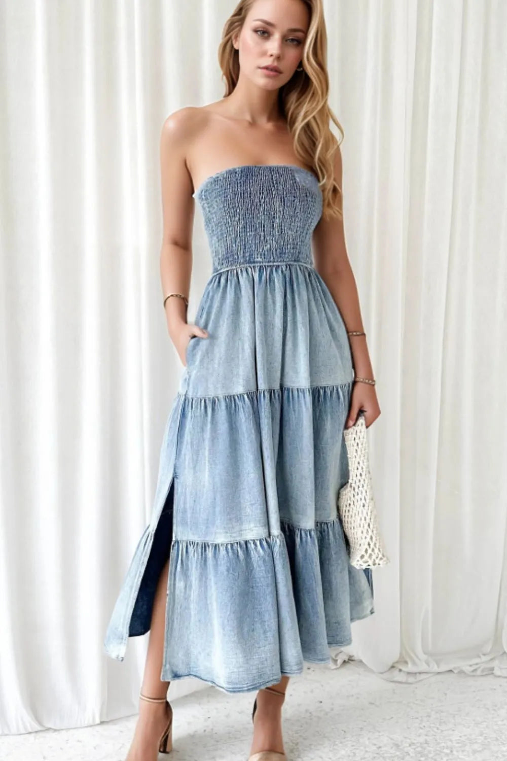 Smocked Tube Slit Tiered Denim Dress Secondary image
