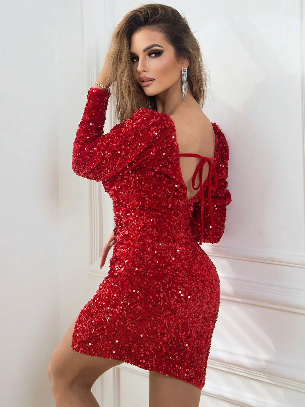 Sequin Sweetheart Neck Tie Back Long Sleeve Slit Dress Secondary image