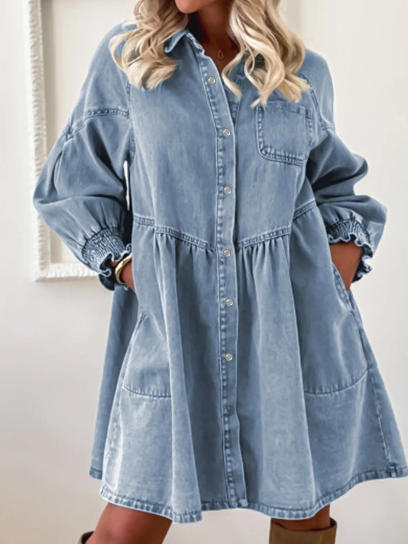 Button-Up Denim Shirt Dress with Smocked Cuffs Secondary image