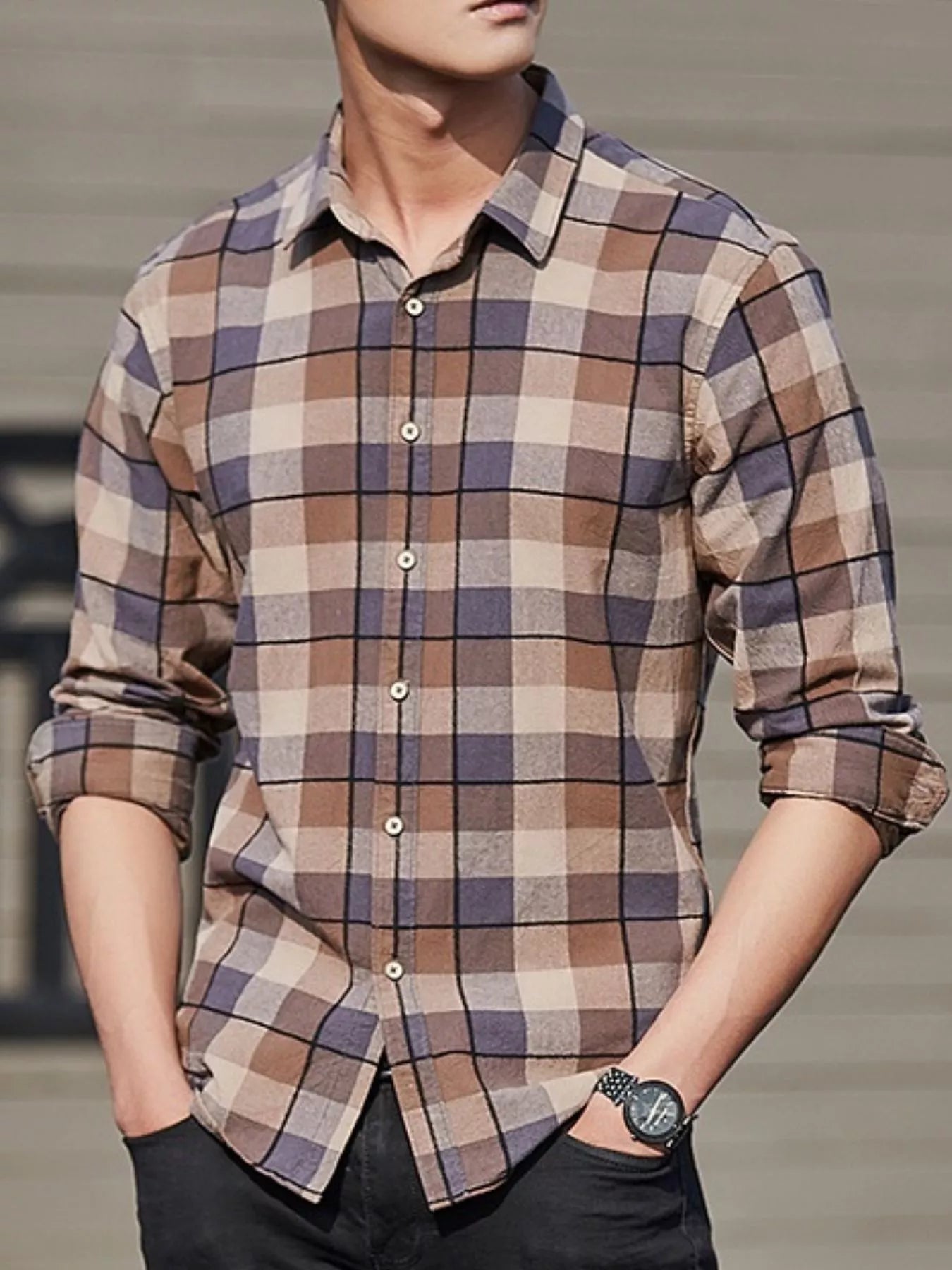 Men's Full Size Casual Plaid Long Sleeve Shirt Plus Size Secondary image