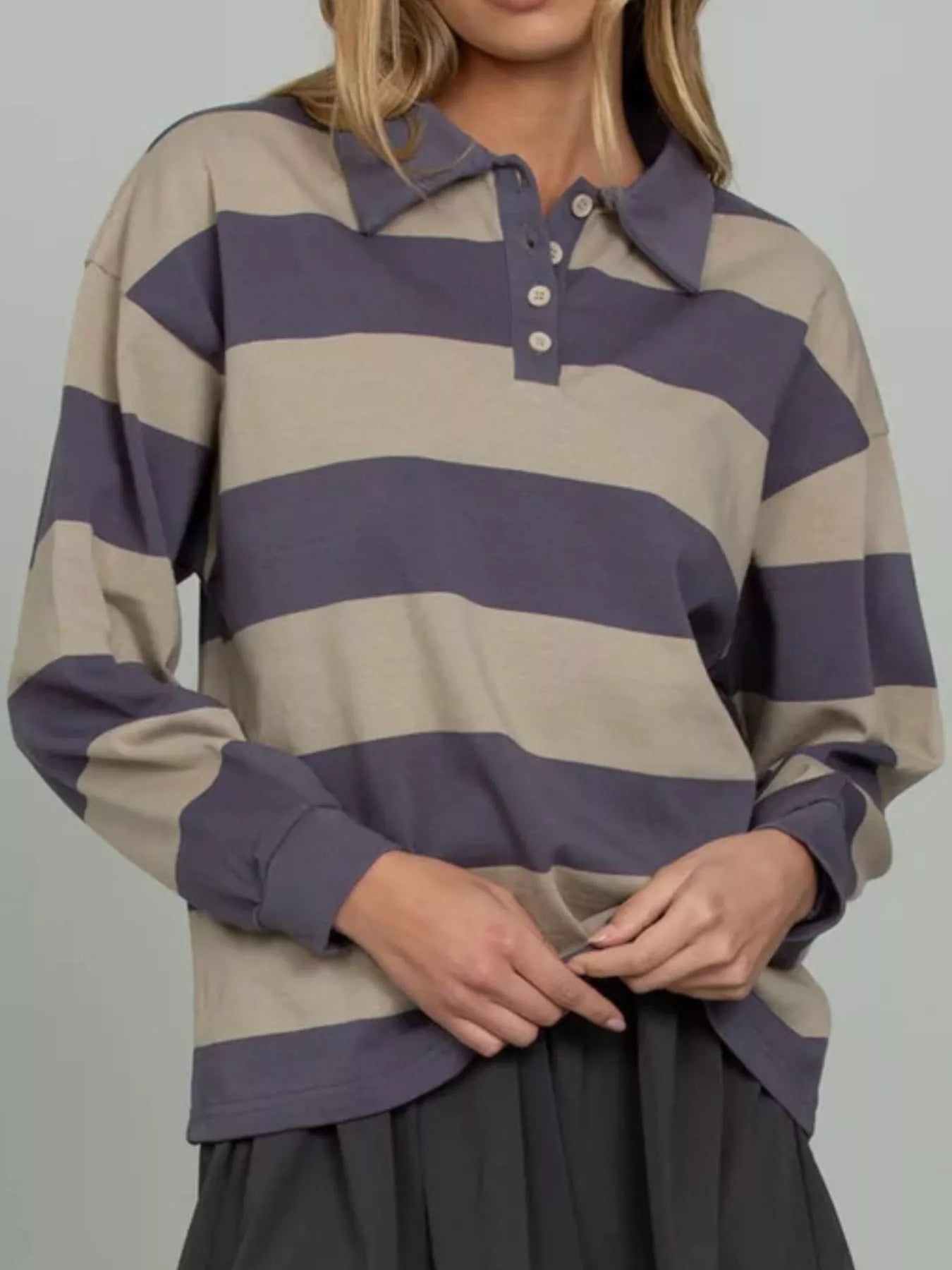 Striped Polo Collar Sweatshirt with Button Details Secondary image