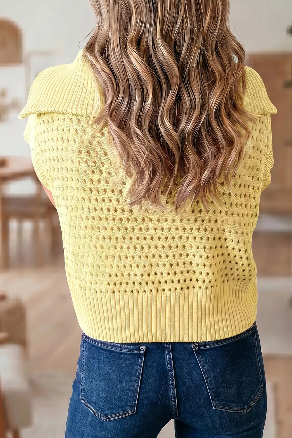 Solid Color Hollowed Knit Short Sleeve Zipper Collar Knitwear Top Secondary image