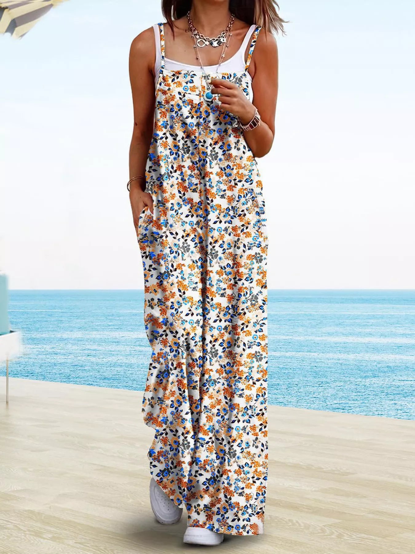 Full Size Floral Print Wide Leg Spaghetti Strap Overalls Plus Size Secondary image