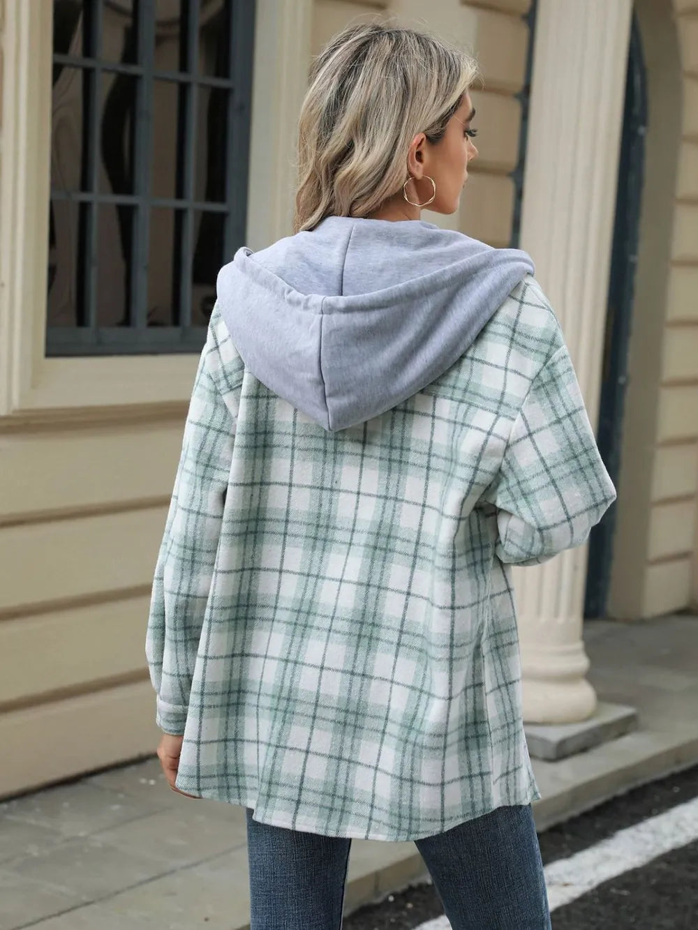 Drawstring Plaid Button Up Hooded Jacket Secondary image