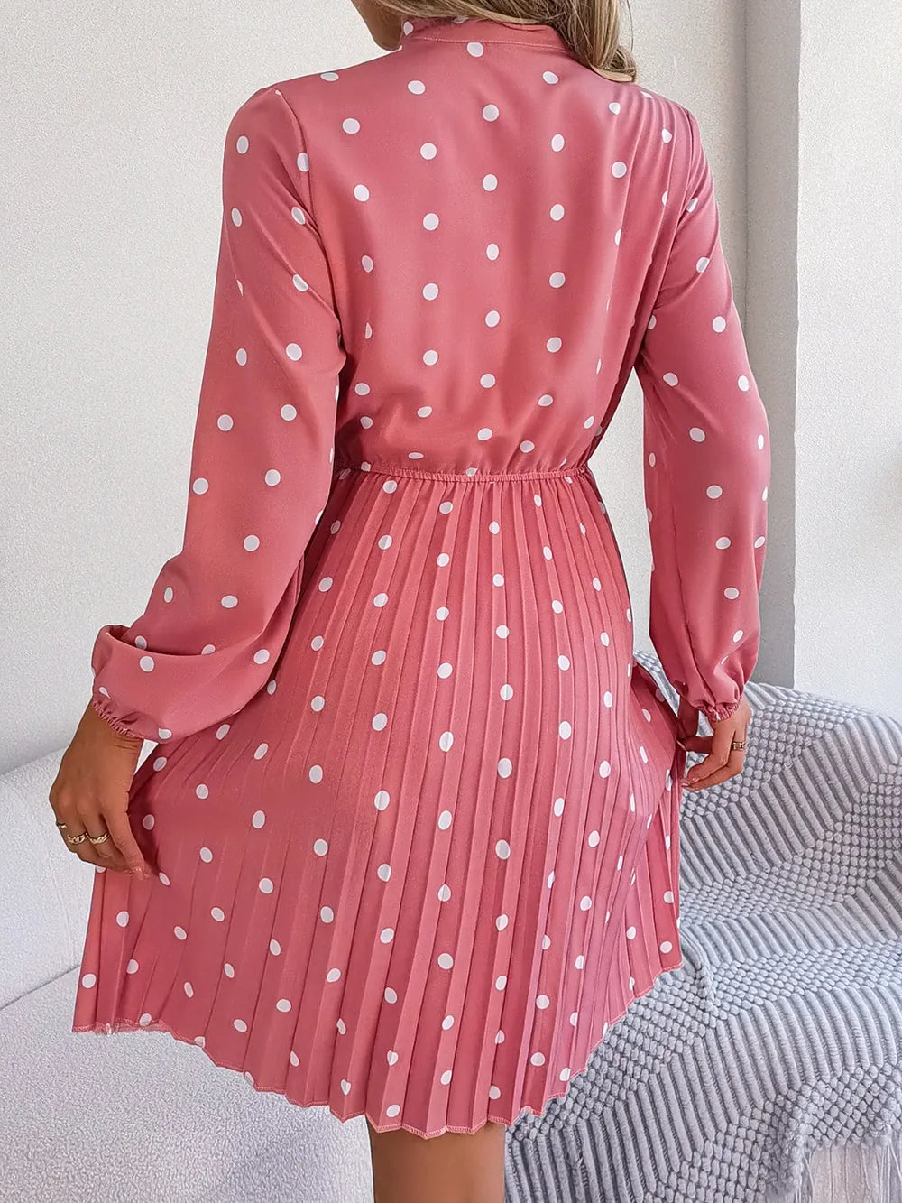 Polka Dot Tie Neck Pleated Dress Secondary image