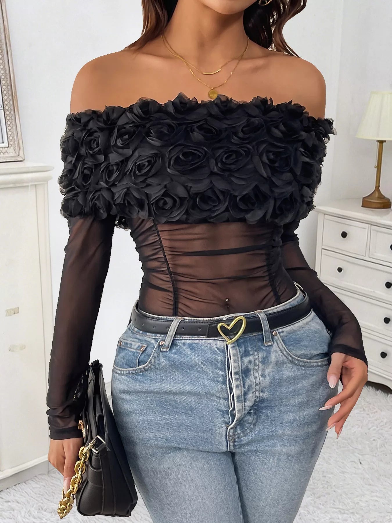 Flower Off-Shoulder Mesh Bodysuit Secondary image