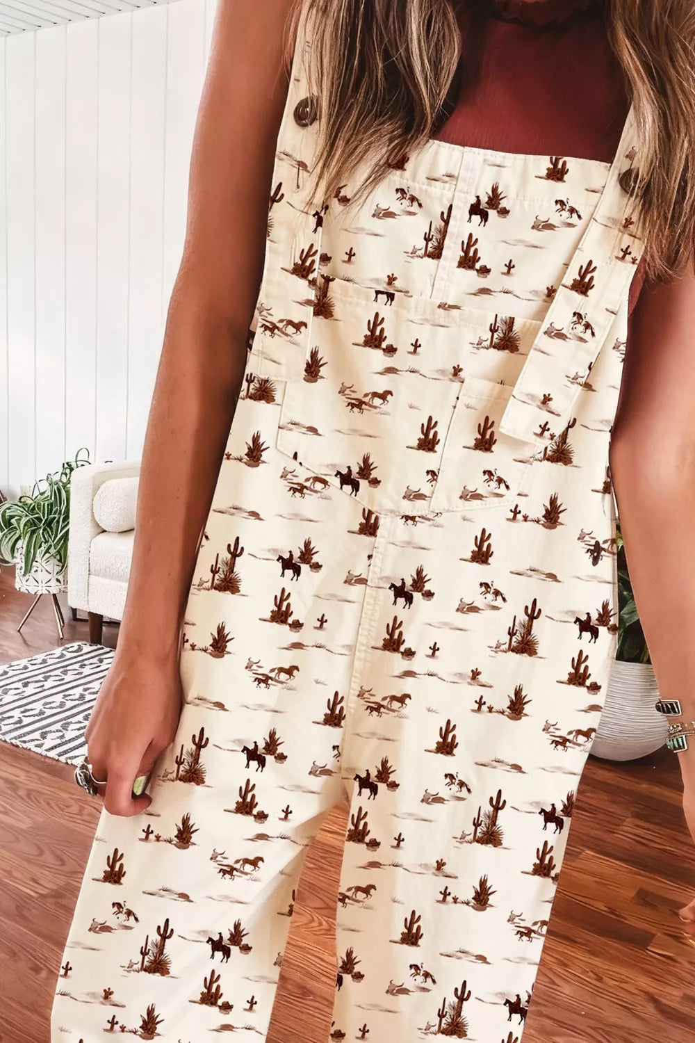 Western Printed Button Adjustable Straps Loose Jumpsuit Secondary image