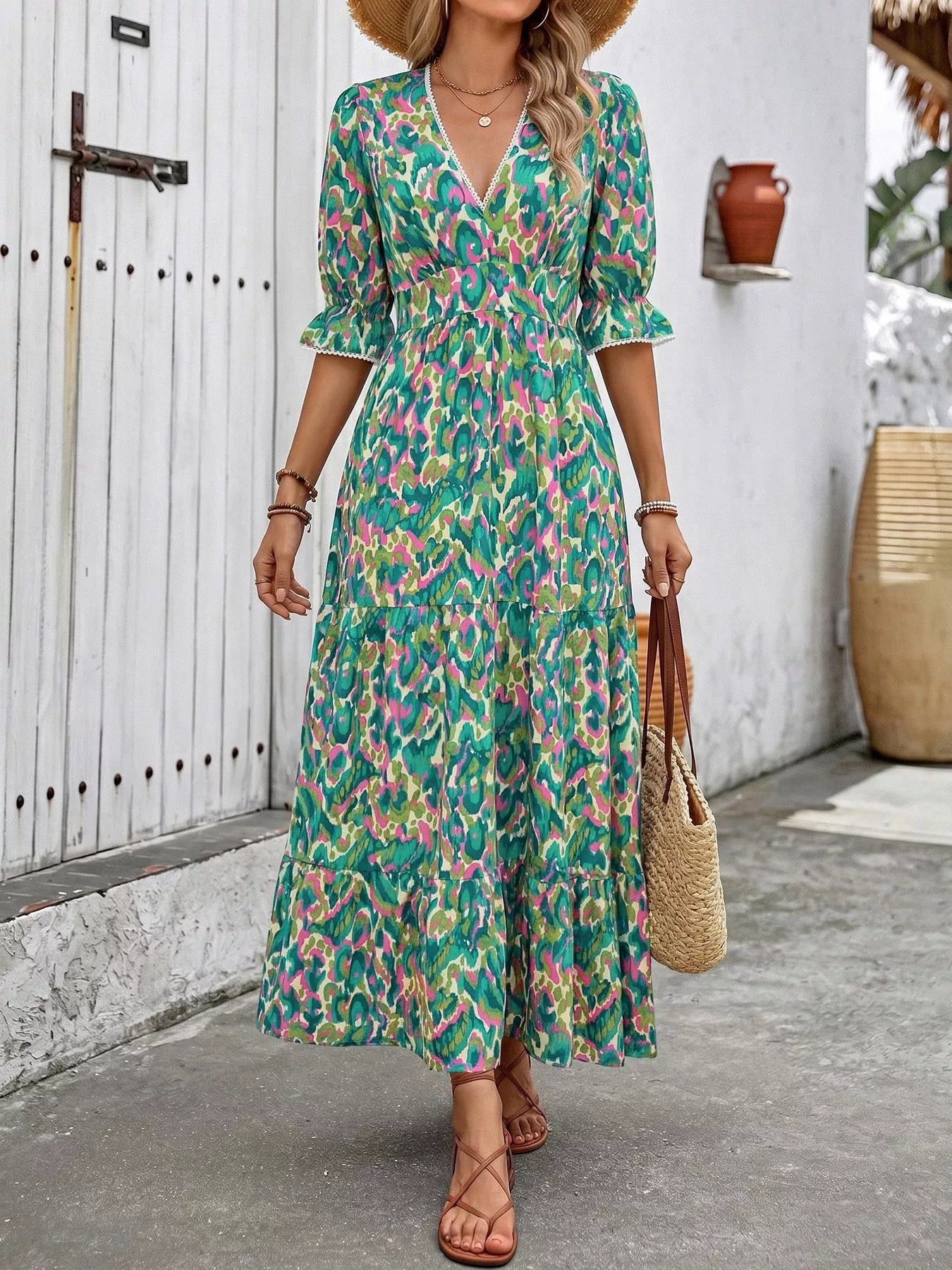 Printed V-Neck Flounce Sleeve Dress Secondary image