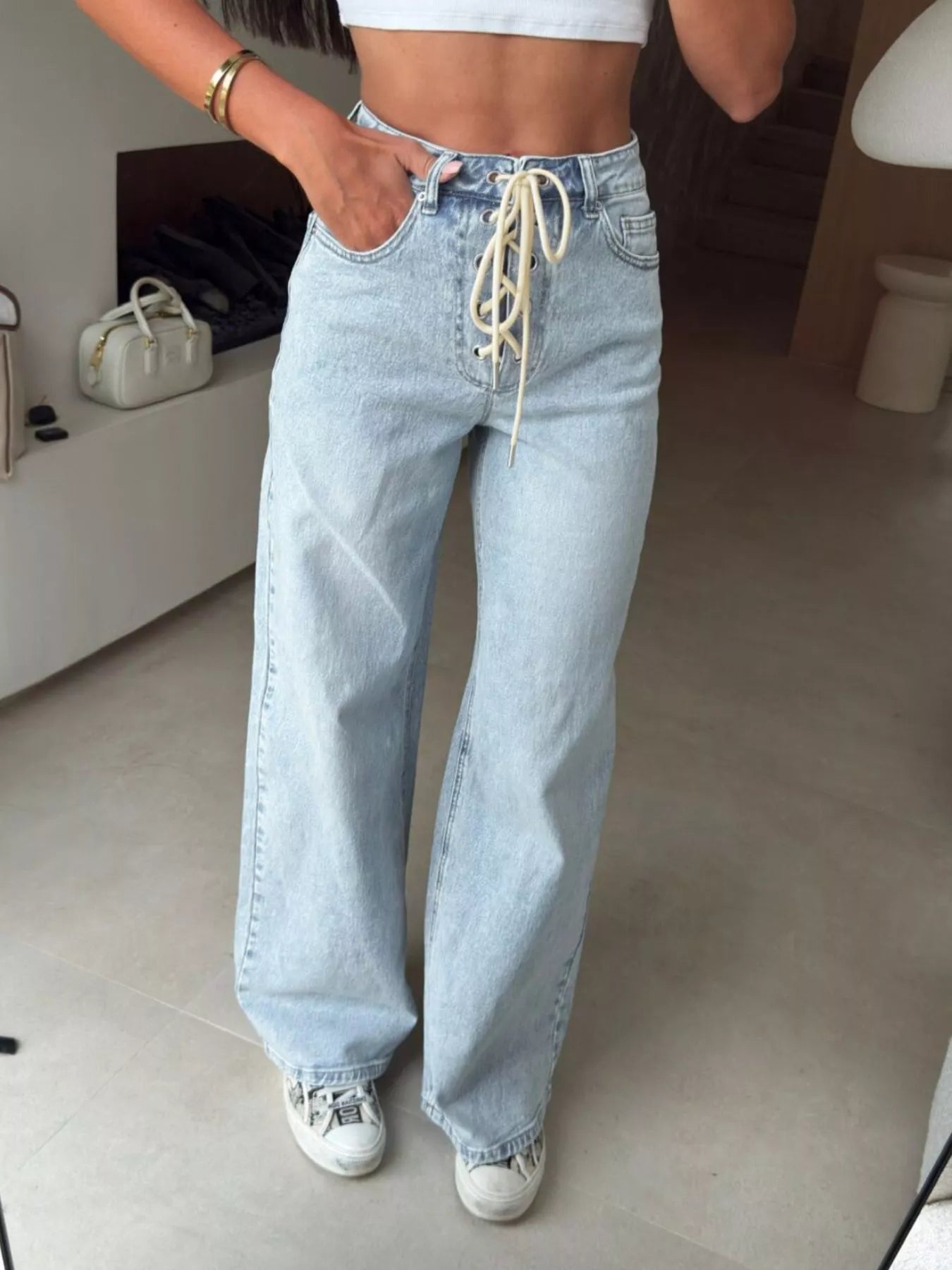 Lace-Up High-Waisted Wide Leg Jeans Secondary image
