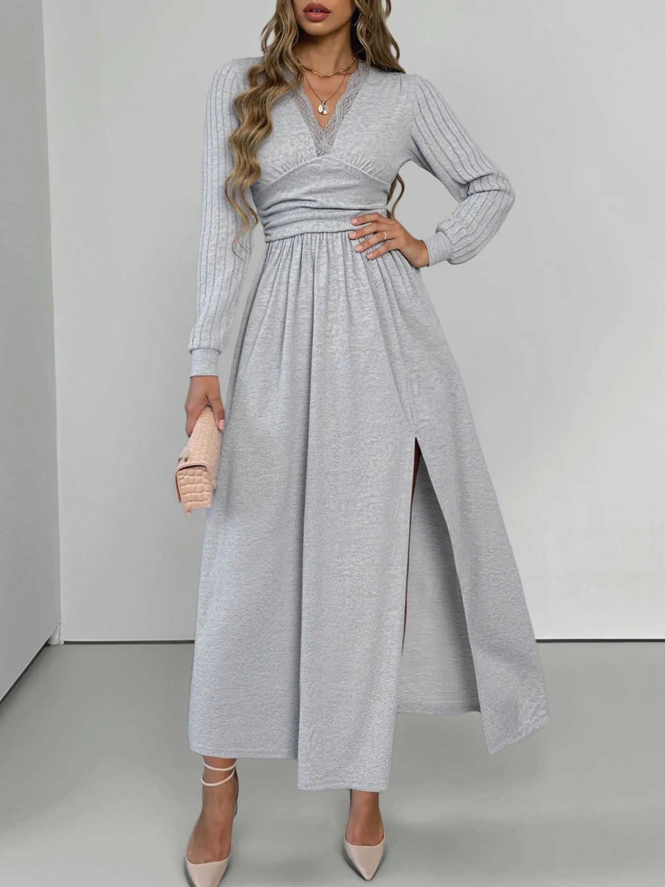 Lace Detail V-Neck Maxi Dress with Side Slit Secondary image