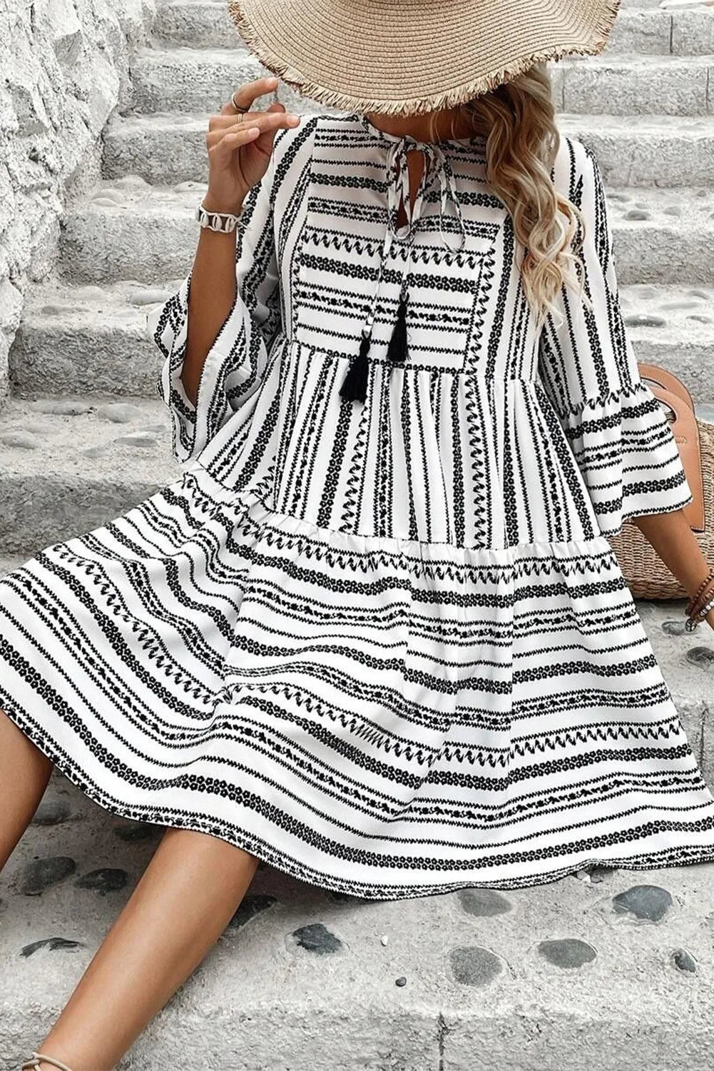 Printed Tie Neck Three-Quarter Sleeve Mini Dress Secondary image