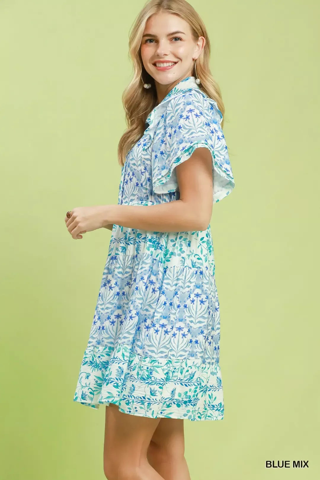 Umgee Mixed Floral Tiered Mini Dress with Flutter Sleeves Secondary image