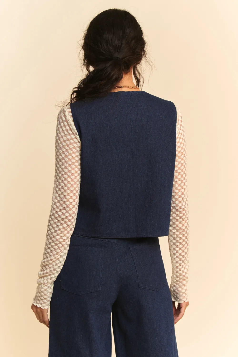 Davi & Dani Lace Patch Open Front Denim Vest Secondary image