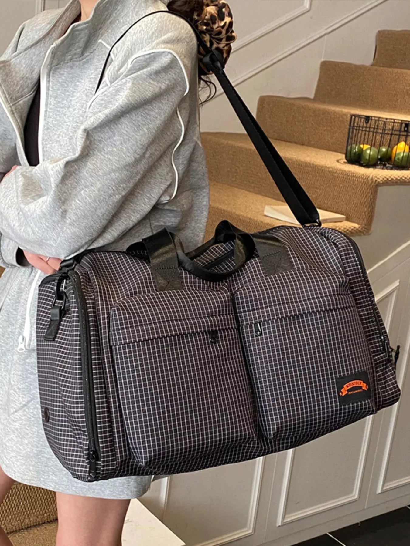 Plaid Duffel Bag with Multiple Pockets Secondary image