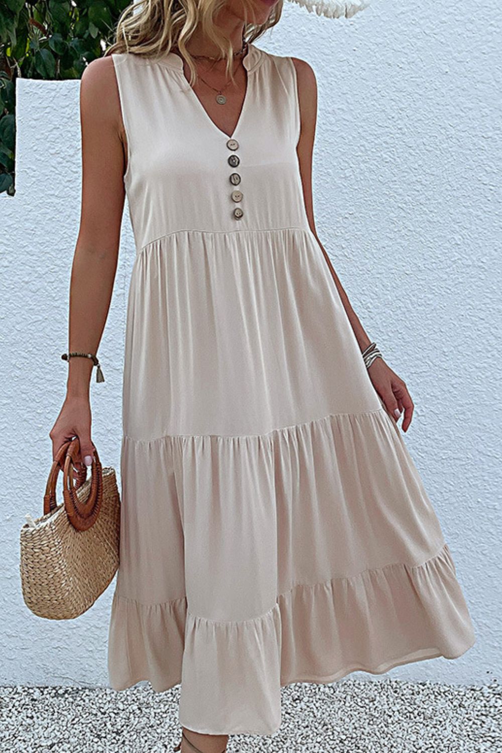 Perfee Decorative Button Sleeveless Tiered Dress Secondary image