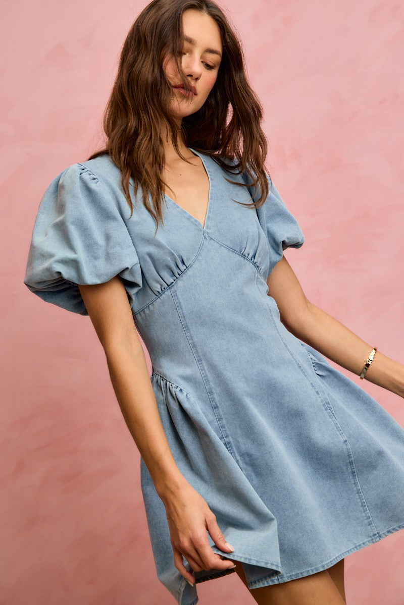 SO ME Bubble Sleeves Denim Fit And Flare Mini Dress Secondary image