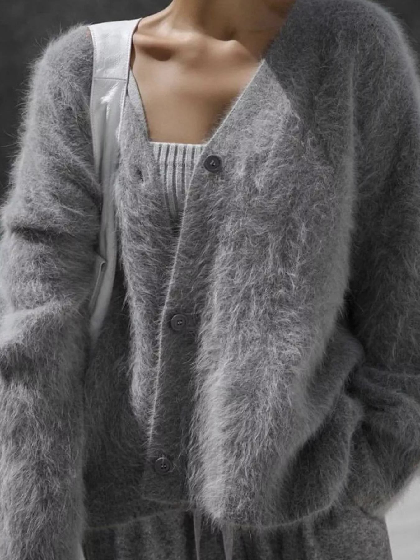 V Neck Button Down Fuzzy Knit Mohair Cardigan Secondary image