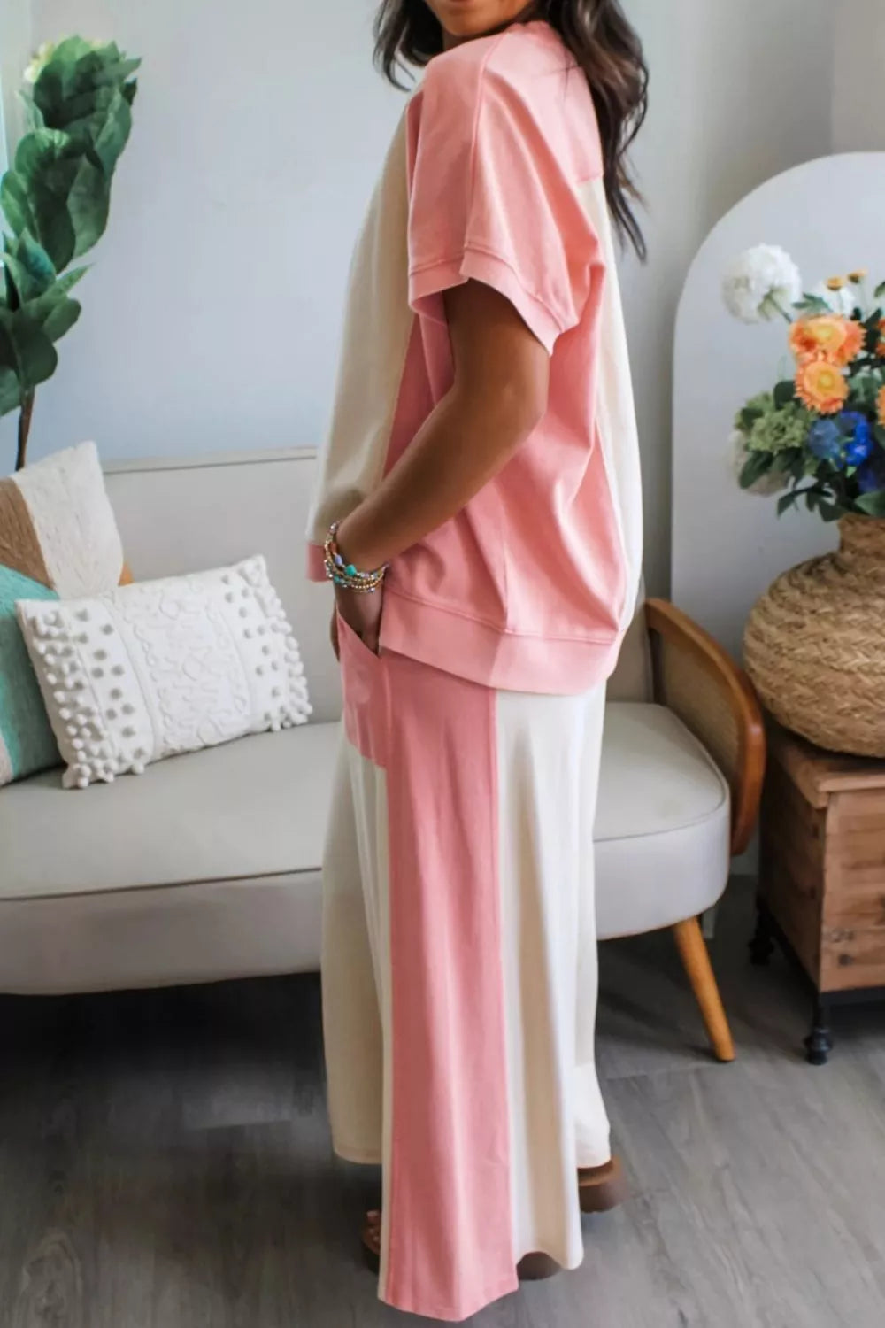 Two-tone Color Block Patchwork Tee Drawstring Loose Pant Set Secondary image