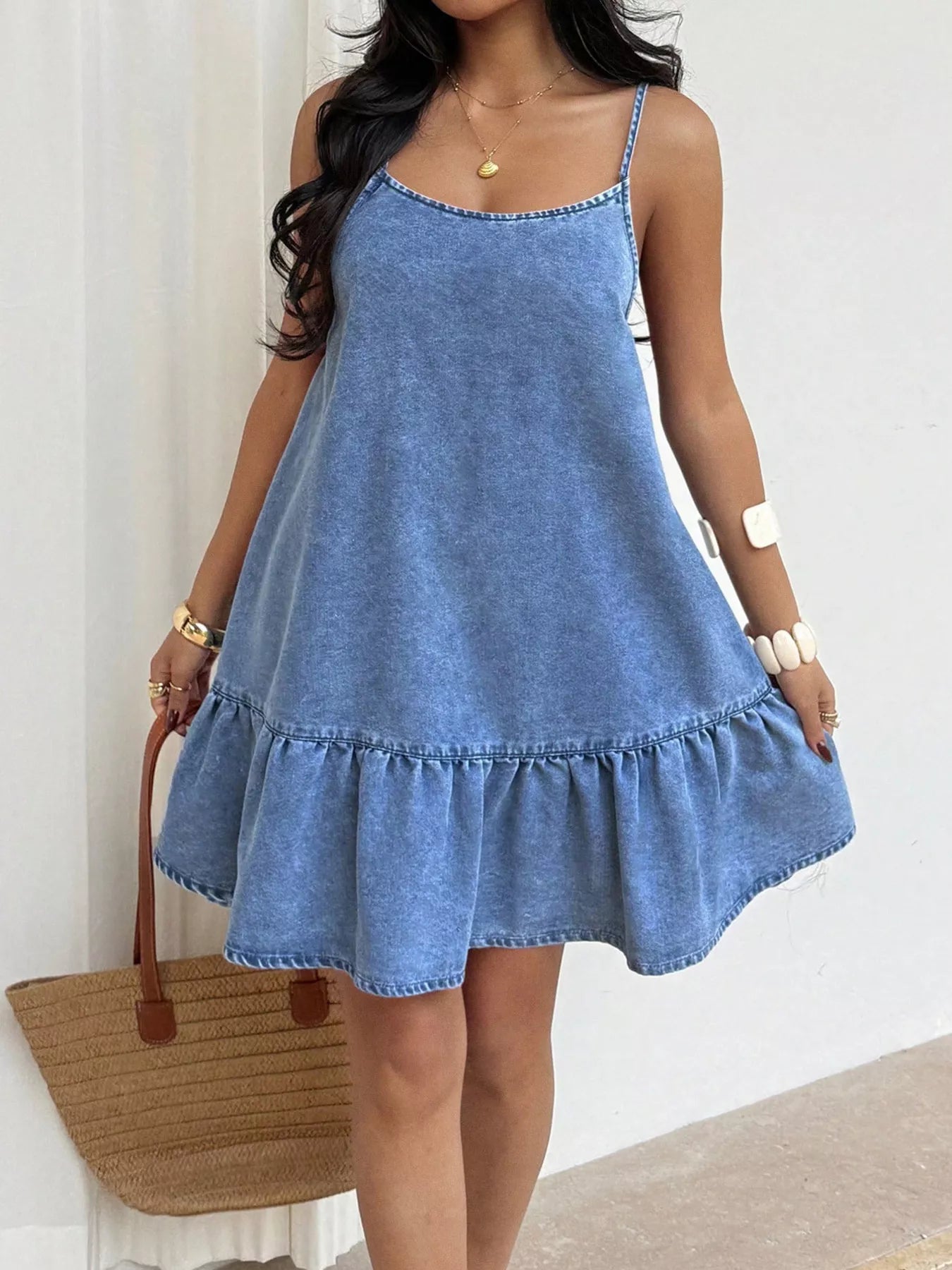 Casual Spaghetti Strap Ruffle Hem Denim Dress Secondary image