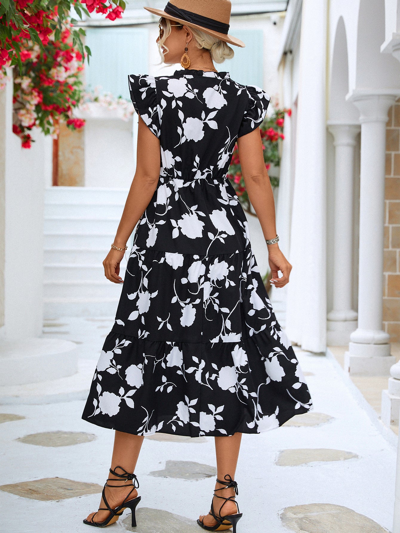 Floral Frill Trim V-Neck Tiered Midi Dress Secondary image