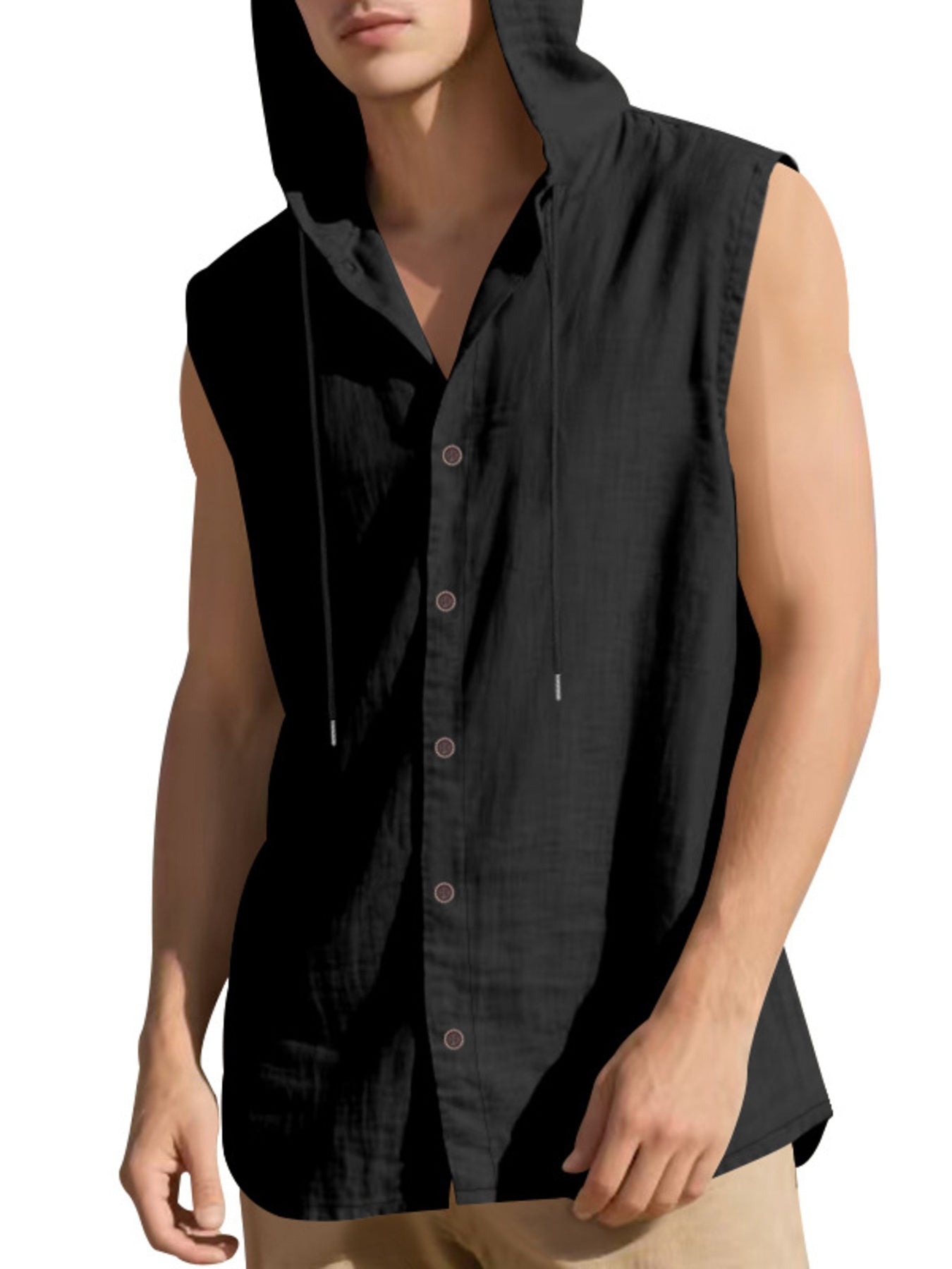 Men's Full Size Casual Sleeveless Hooded Button-Down Top Plus Size Secondary image
