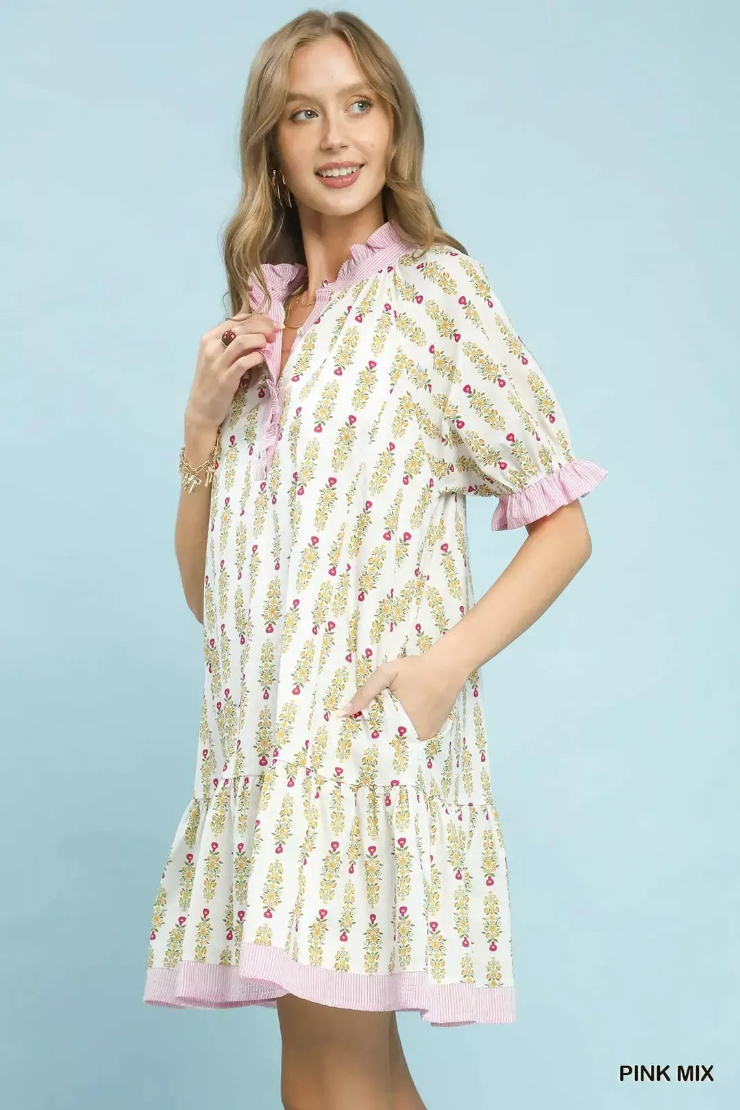 Umgee Striped Trim Floral Tiered Mini Dress Secondary image