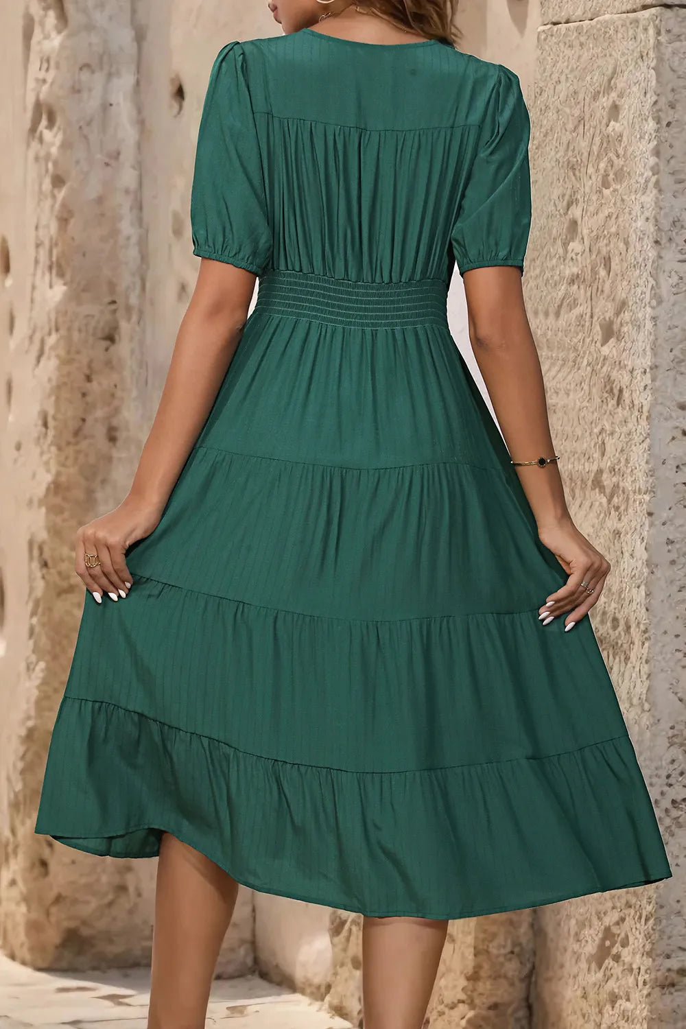 Perfee V-Neck Button Up Balloon Sleeve Midi Dress Secondary image