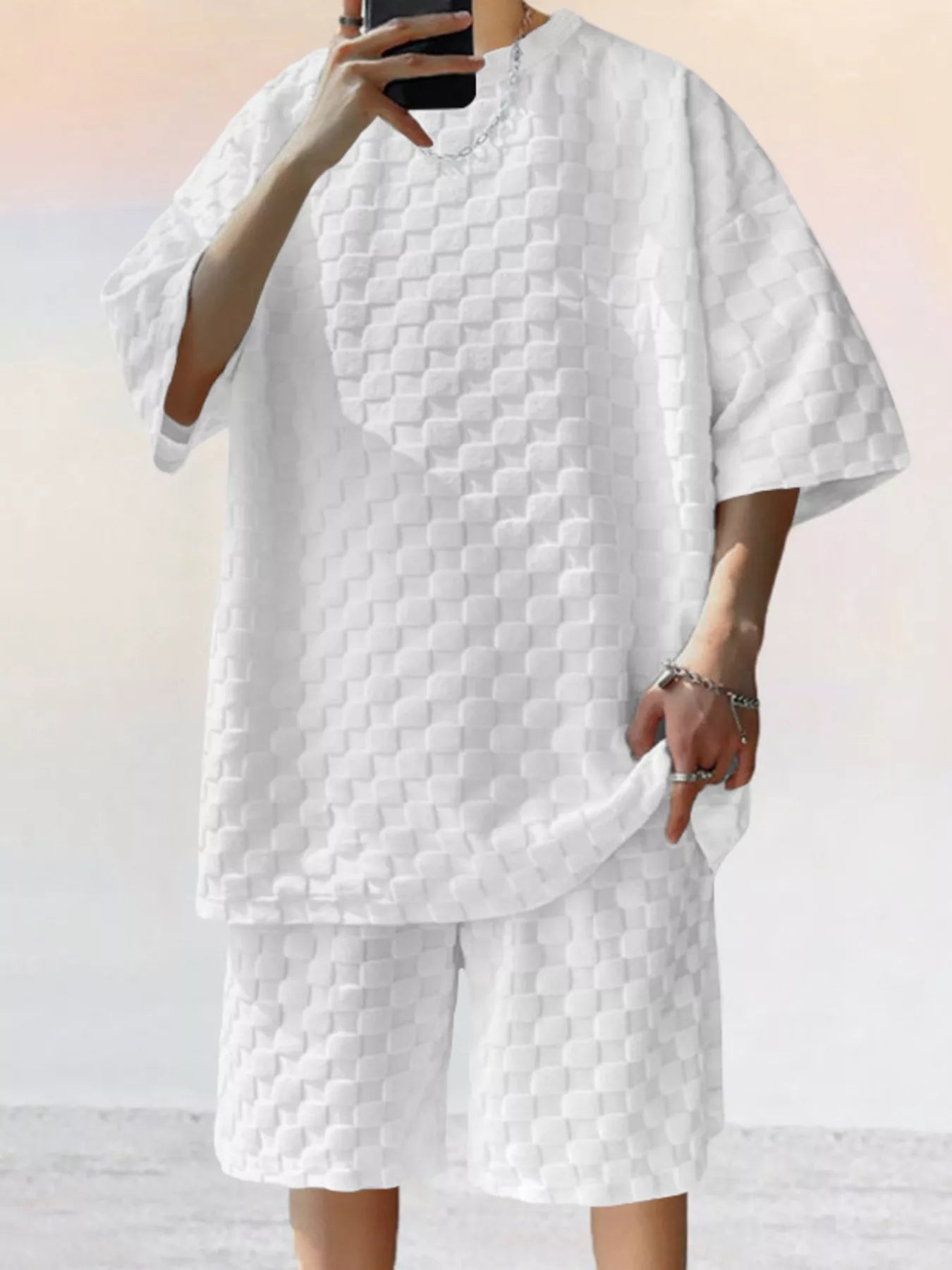 Men's Full Size Textured Short Sleeve Tee and Shorts Casual Set Plus Size Secondary image