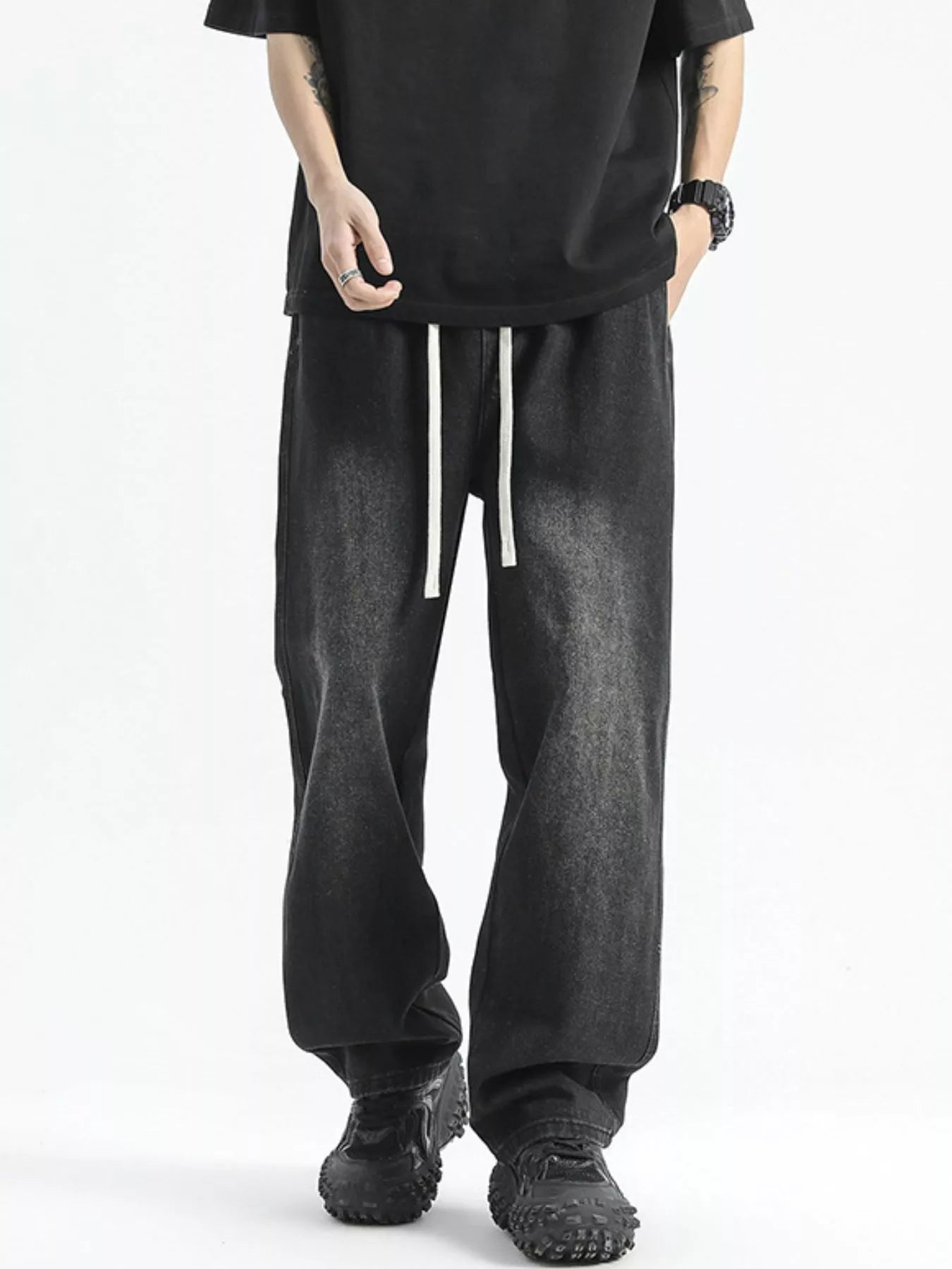 Men's Full Size Washed Wide Leg Drawstring Jeans Plus Size Secondary image