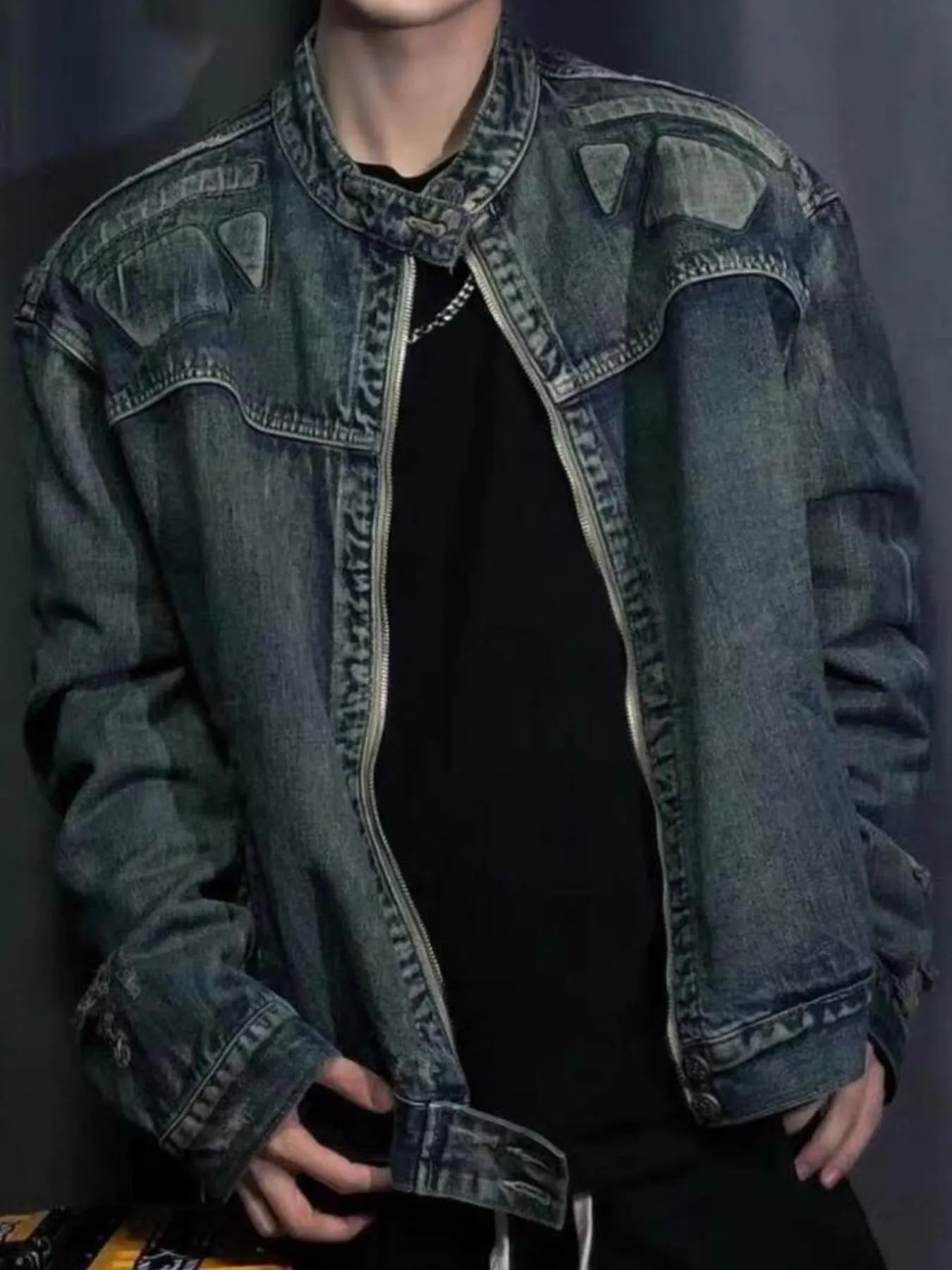 Men's Full Size Zip Up Washed Oversized Denim Jacket Plus Size Secondary image