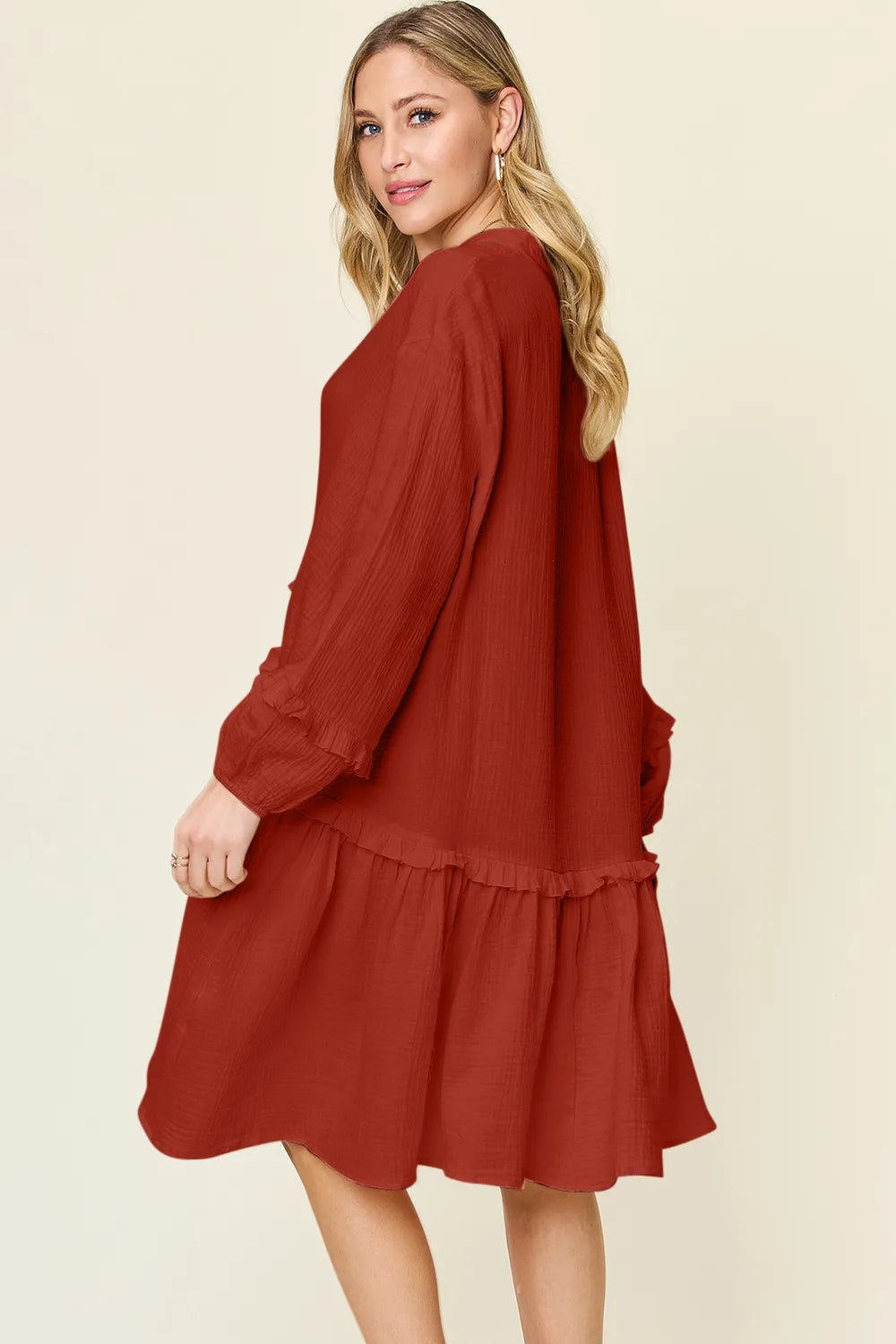 Double Take Full Size Texture Half Button Ruffle Trim Dress Secondary image