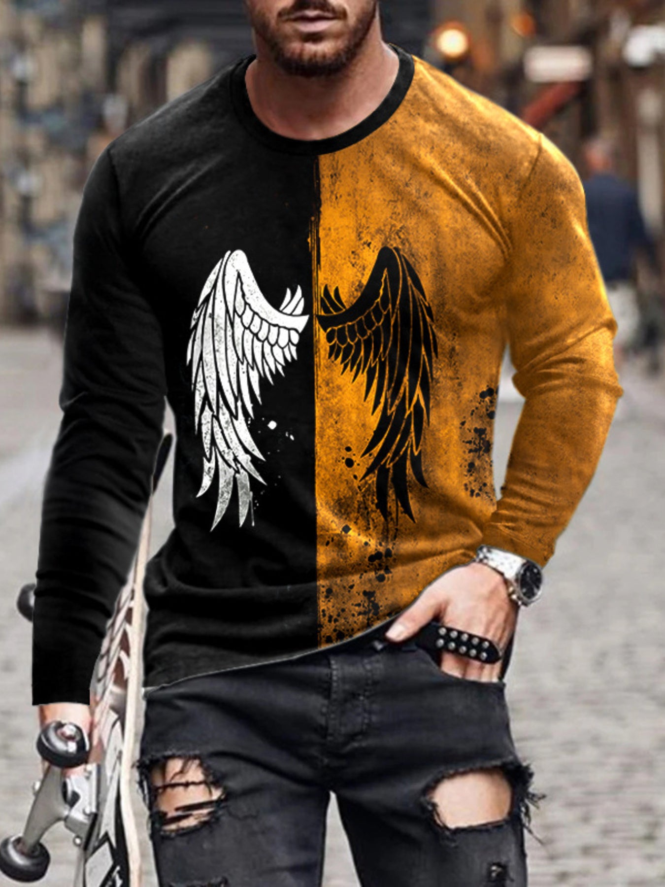 Men's Full Size Split-Color Wing Graphic Long-Sleeve T-Shirt Plus Size Secondary image