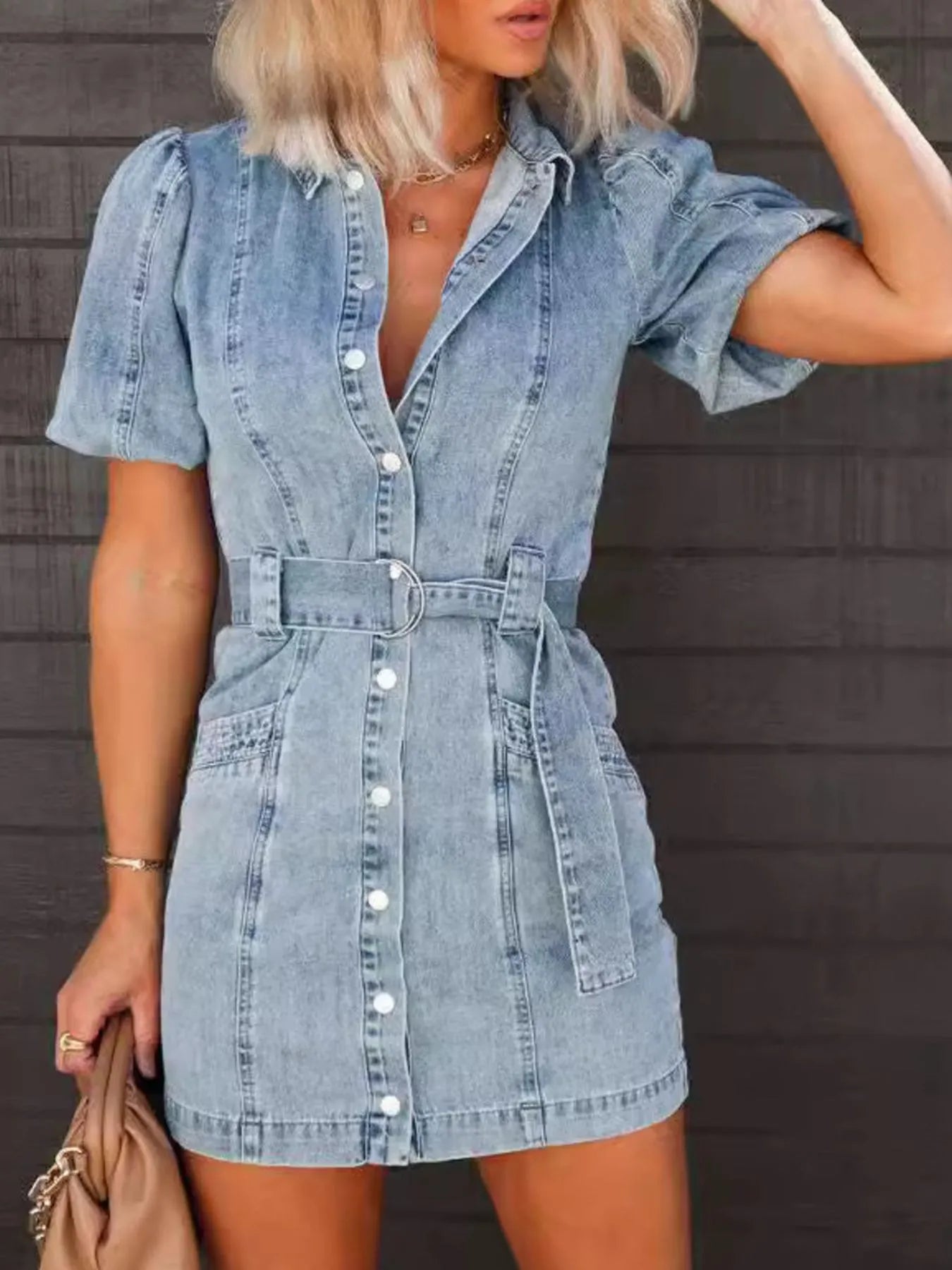 Button-Up Puff Sleeve Denim Shirt Dress Secondary image