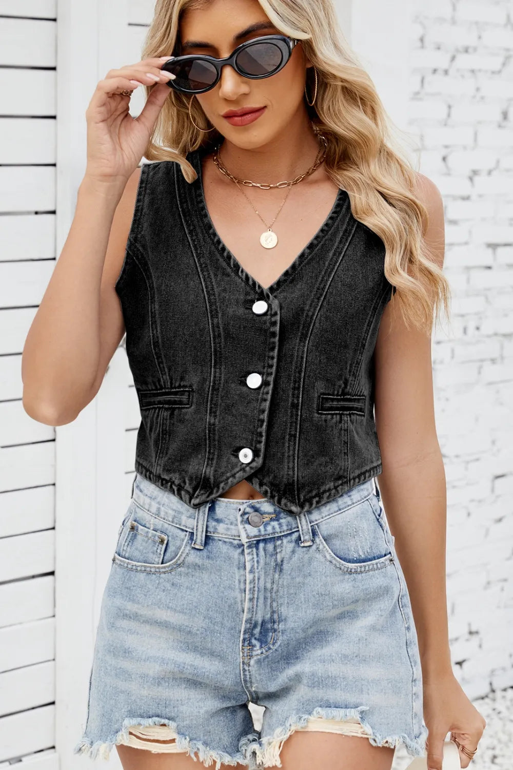 Button Down V-Neck Denim Vest Secondary image