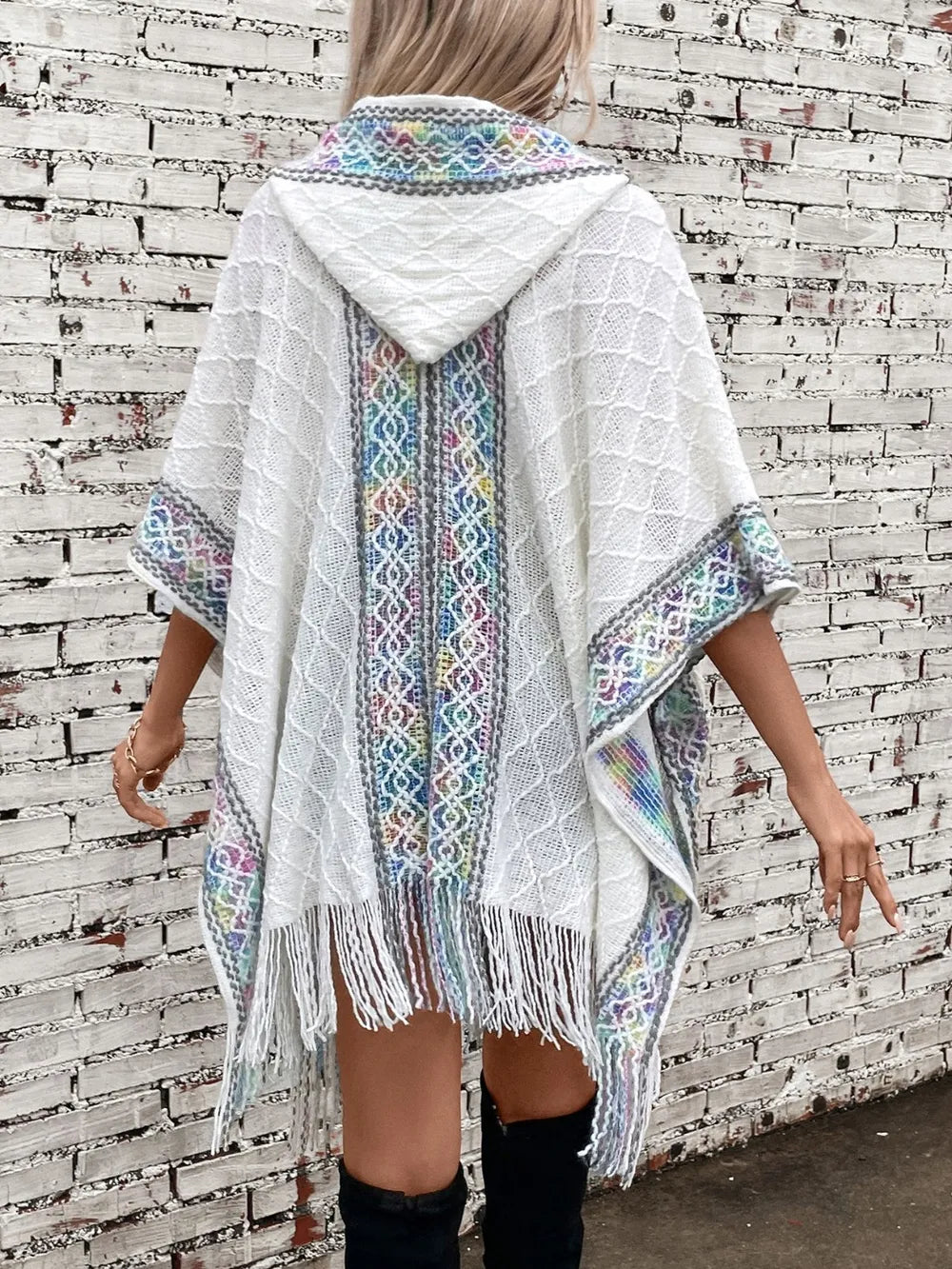 Fringe Half Sleeve Hooded Poncho Secondary image