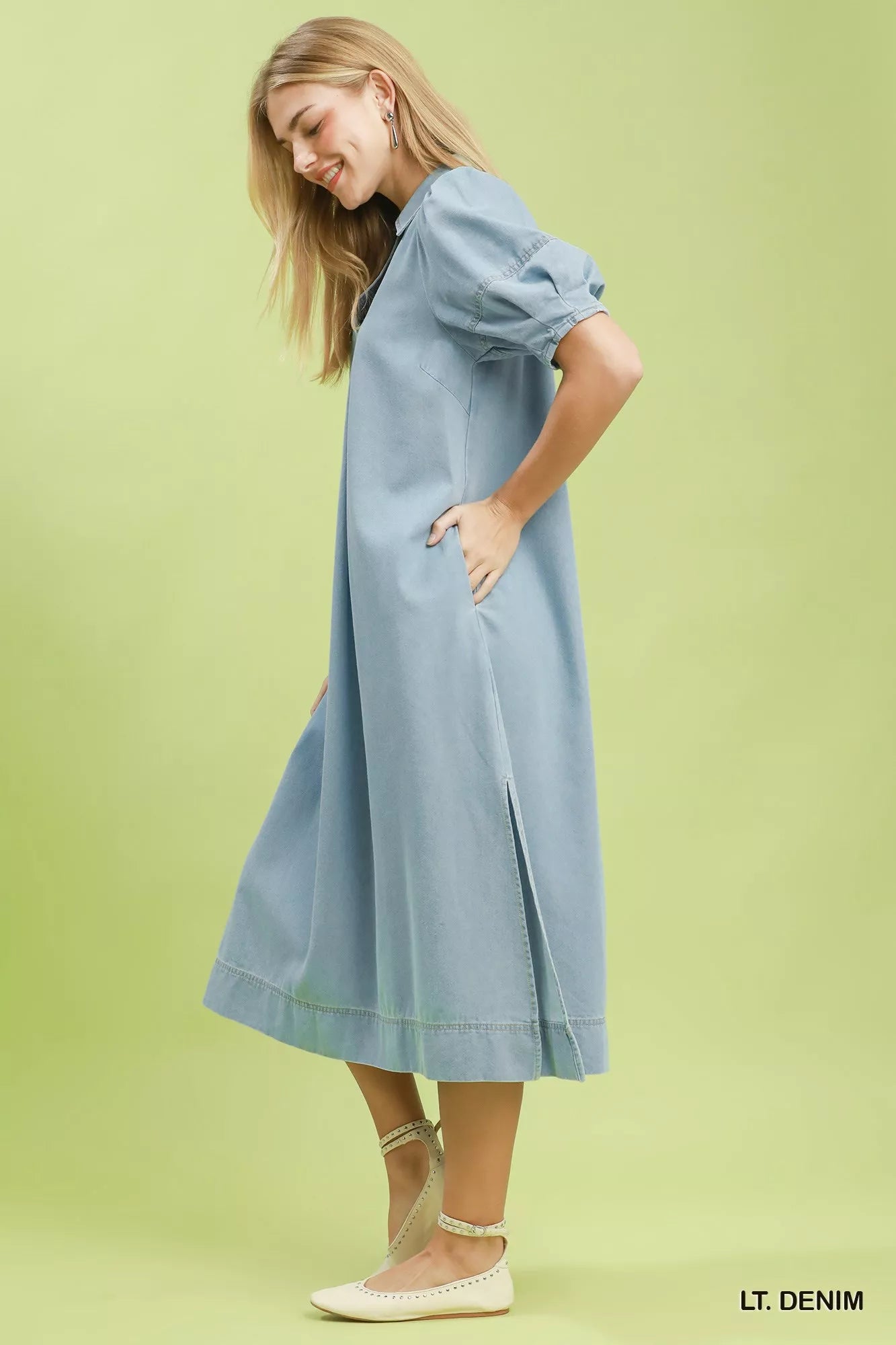 Umgee Chambray Collared Puff Sleeve Dress Secondary image