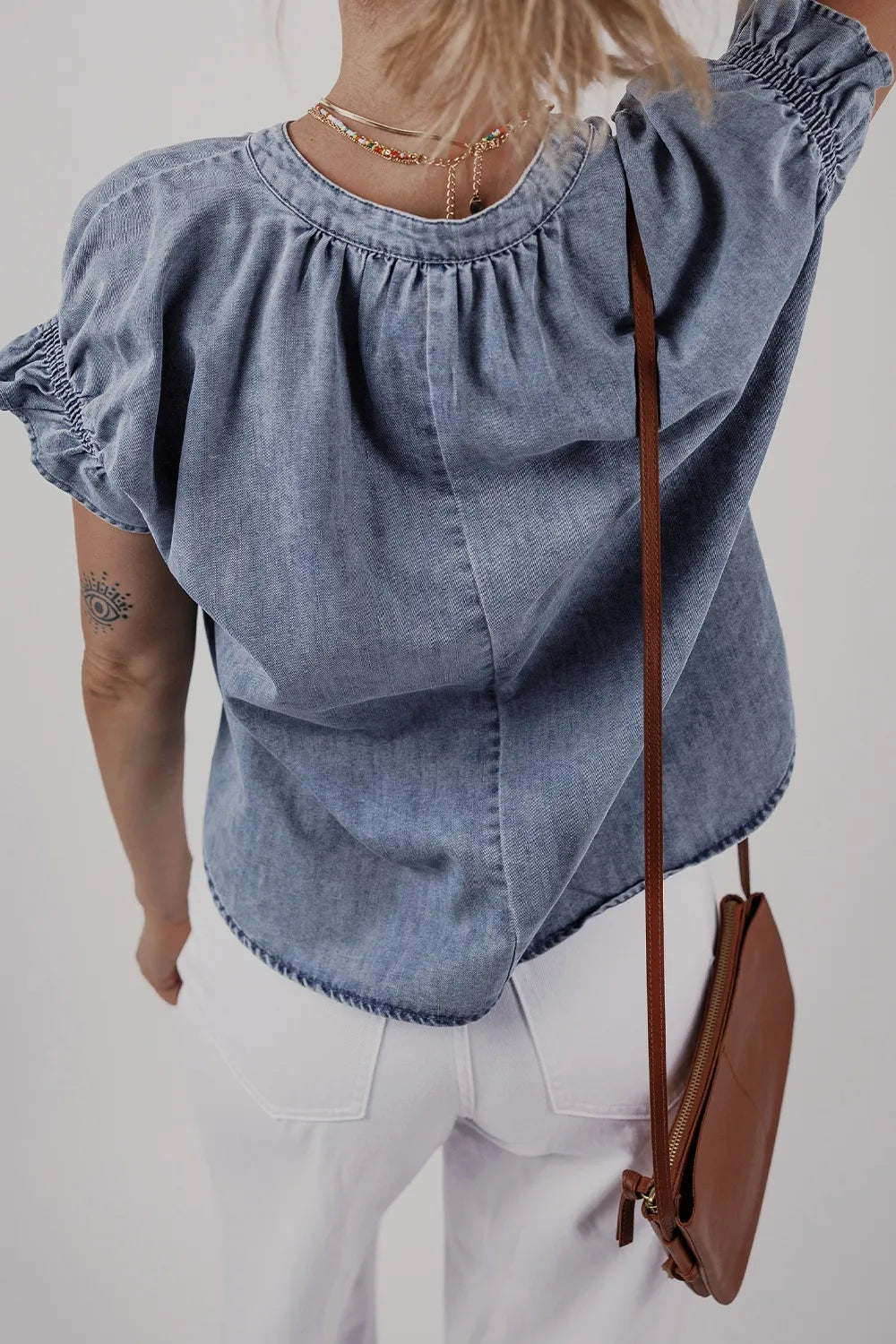 V Neck Ruffled Short Puff Sleeve Denim Top Secondary image