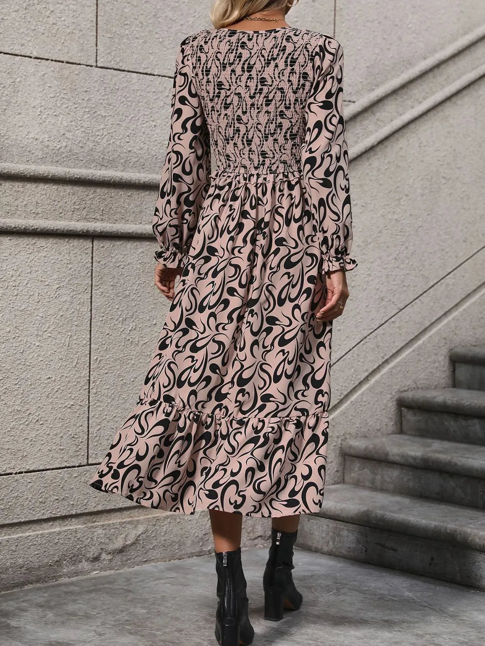 Perfee Printed V-Neck Long Sleeve Midi Dress Secondary image