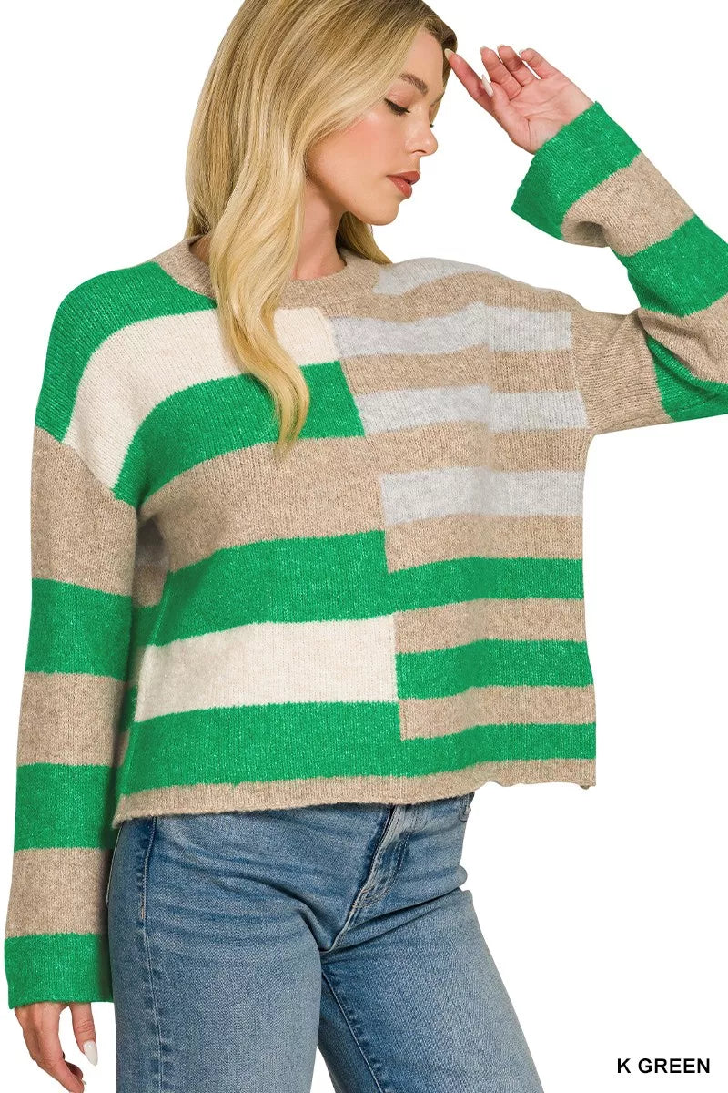 Zenana Lightweight Wool Blend Color Block Sweater Secondary image