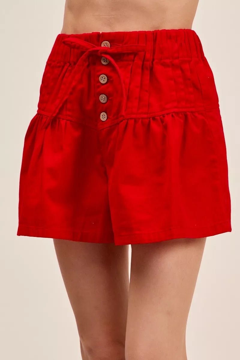 SO ME Solid Twill Denim Pintucked Buttoned Shorts With Waist Tie Secondary image