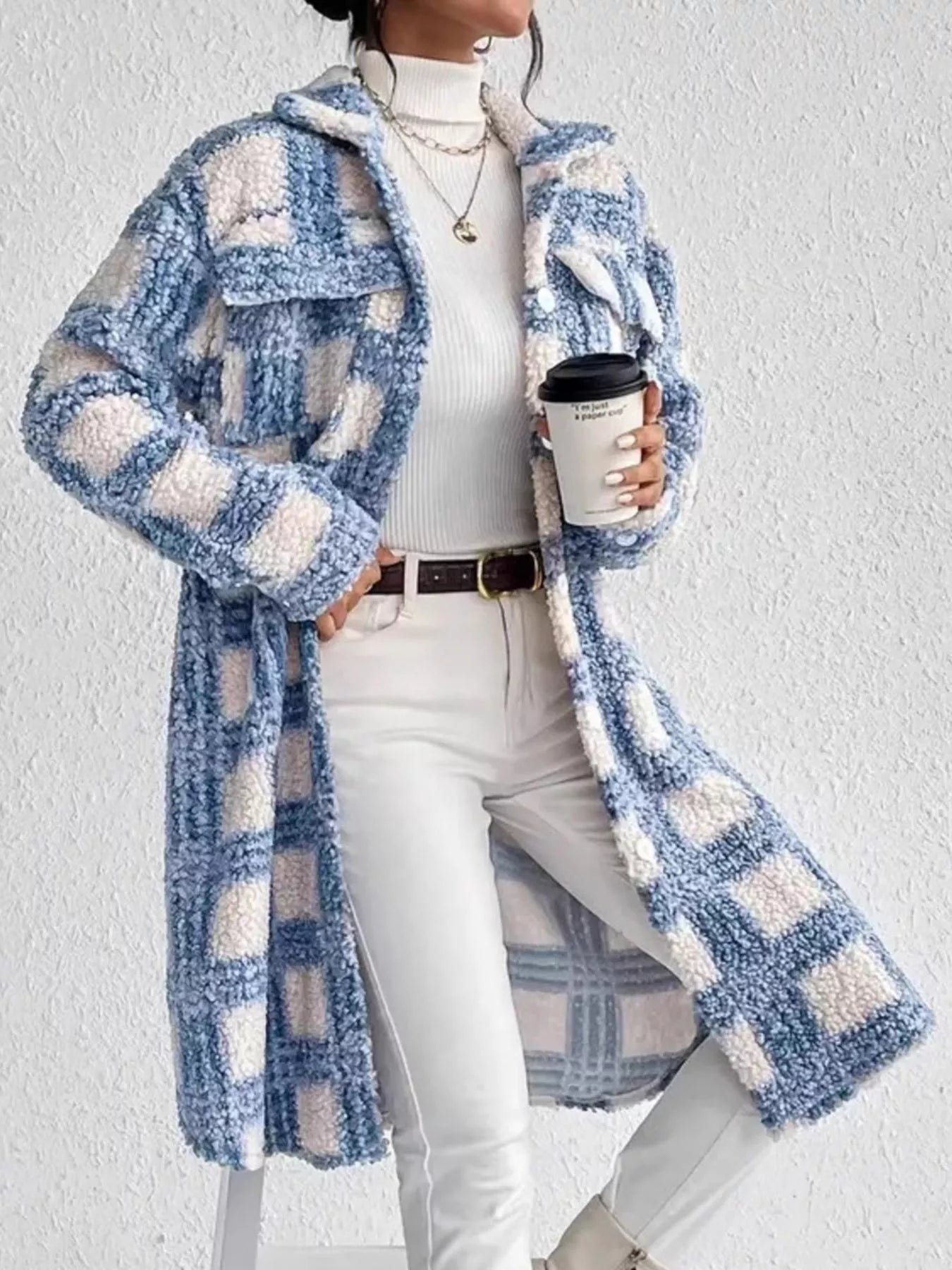 Plaid Button Up Long Sleeve Fleece Coat Secondary image