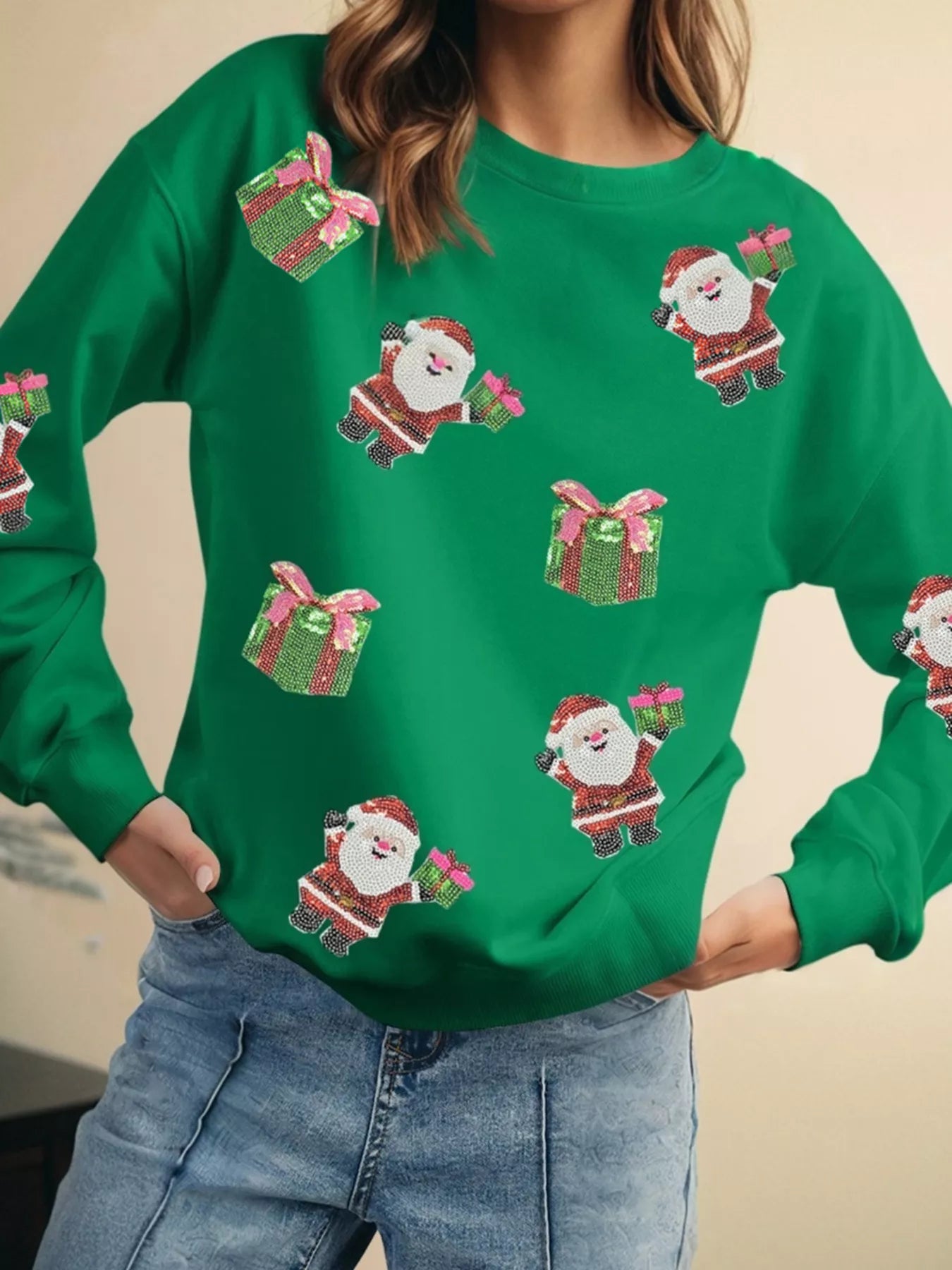 Santa Delivering Gifts Christmas Sequin Graphic Sweatshirt Secondary image