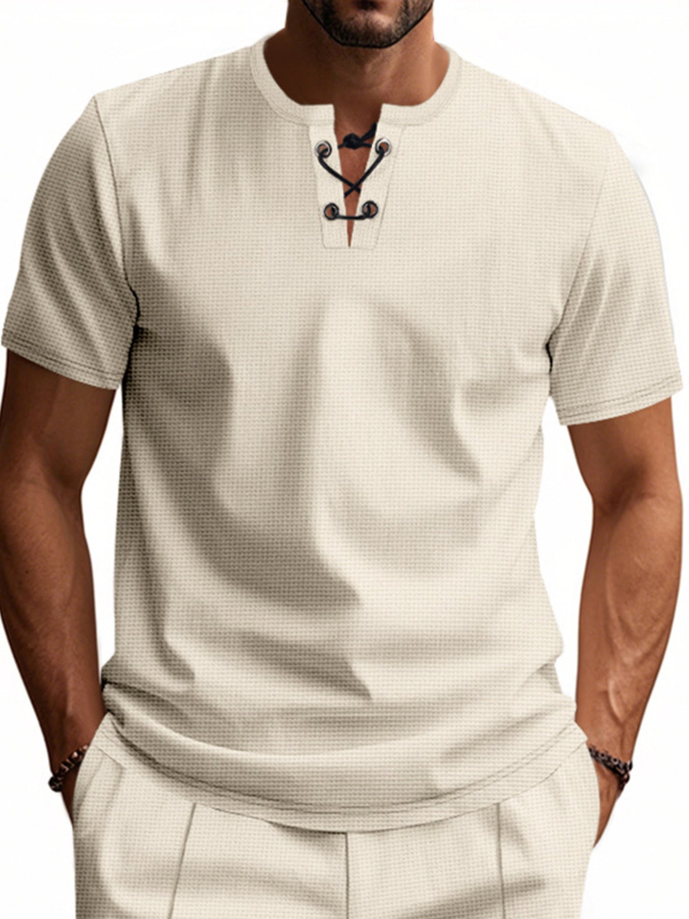 Men's Full Size Lace-Up Neck T-Shirt Plus Size Secondary image