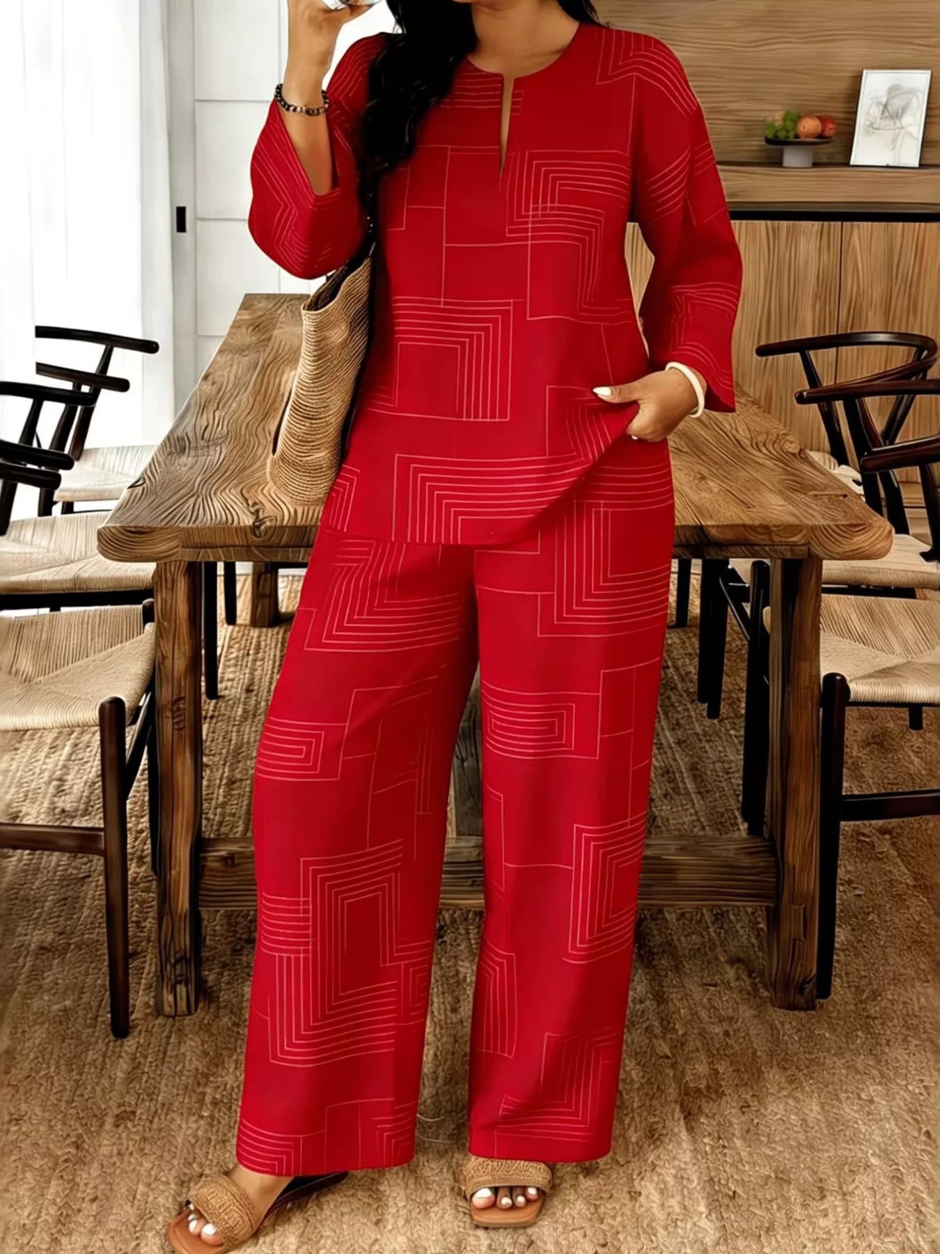 Geometric Print Relaxed Fit Top and Pants Set Secondary image