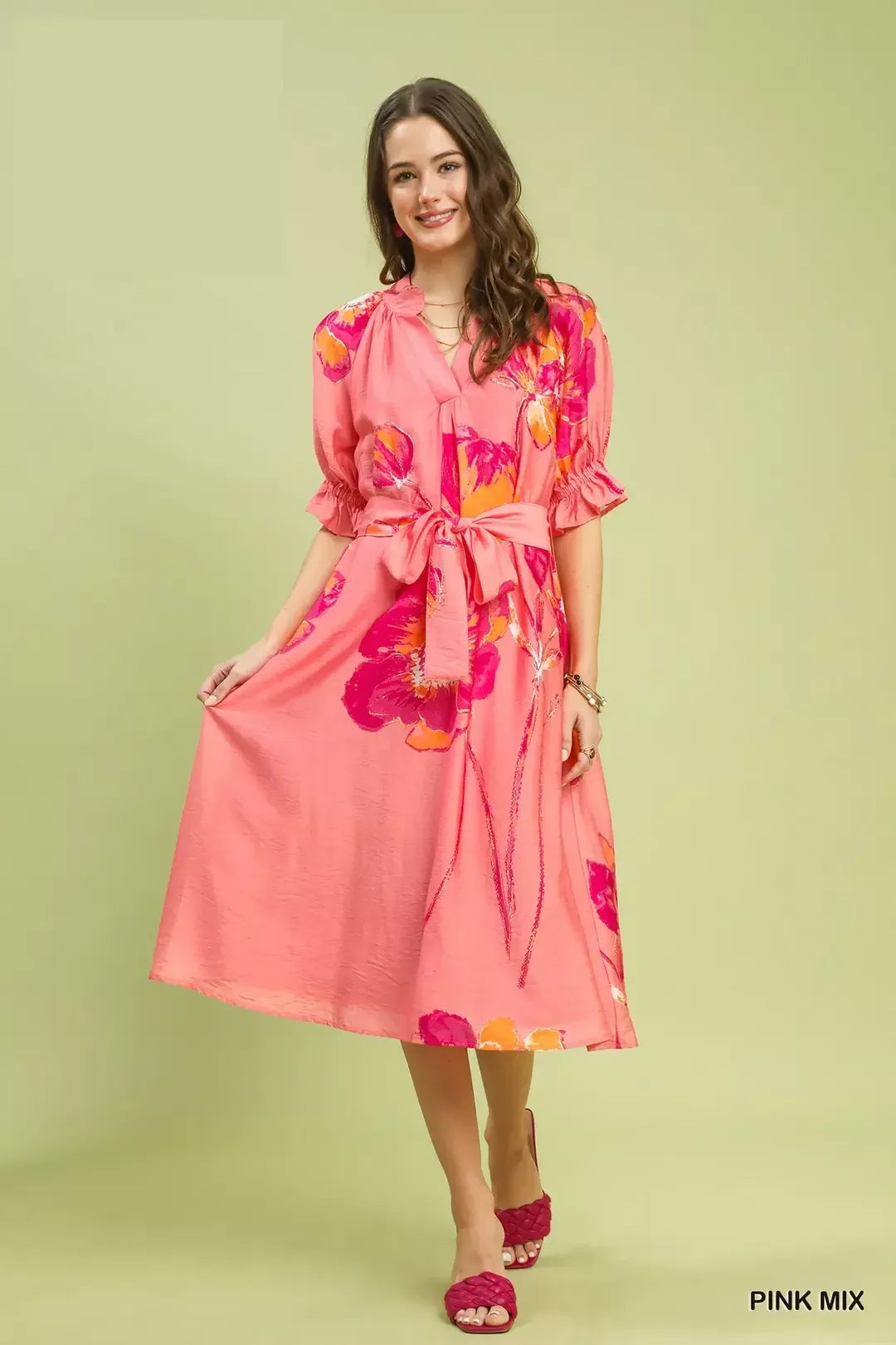 Umgee Floral Flounce Sleeve Midi Dress with Belted Secondary image